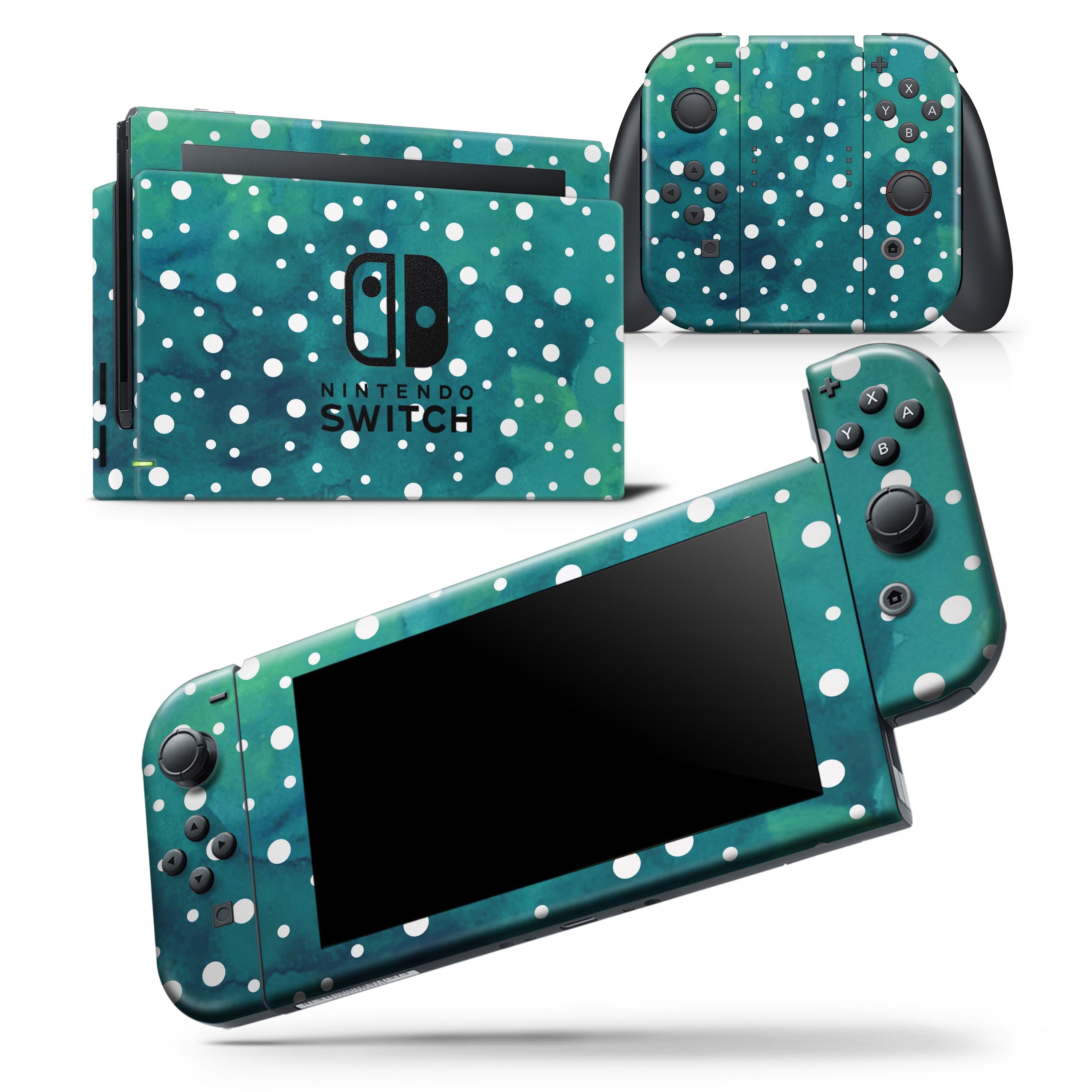 Green and white watercolor polka dots skin wrap decal for Nintendo Switch, showcasing a stylish design that fits snugly on the console and controllers.