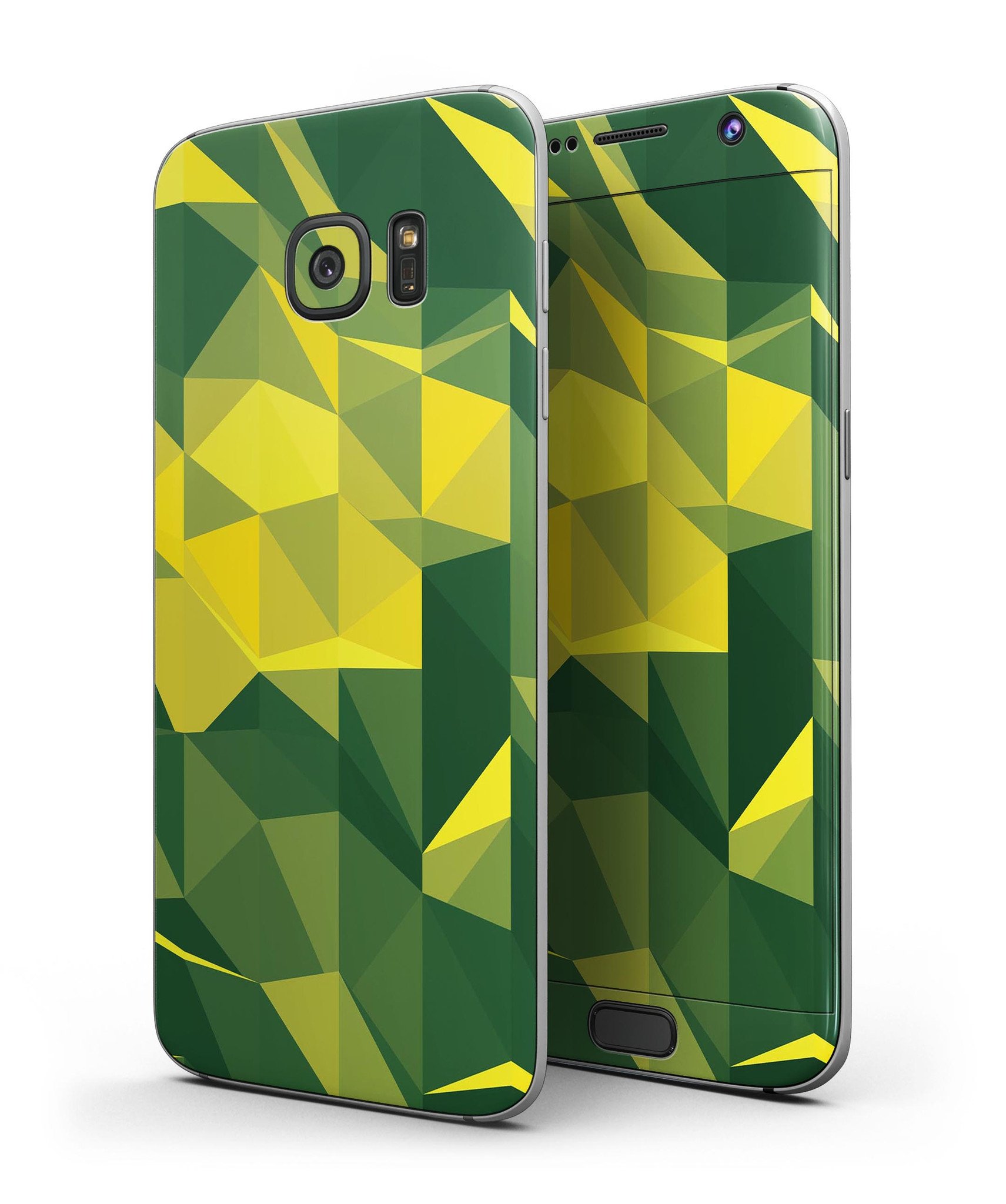 Green and Yellow Geometric Shapes Full Body Skin-Kit for Samsung Galaxy S7/S7 Edge, showcasing vibrant colors and precision fit.