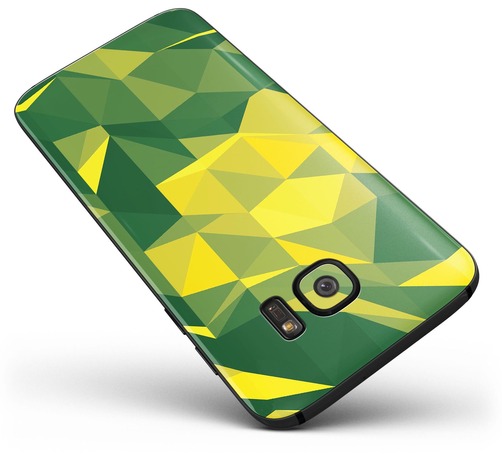 Green and Yellow Geometric Shapes Full Body Skin-Kit for Samsung Galaxy S7/S7 Edge, showcasing vibrant colors and precision fit.