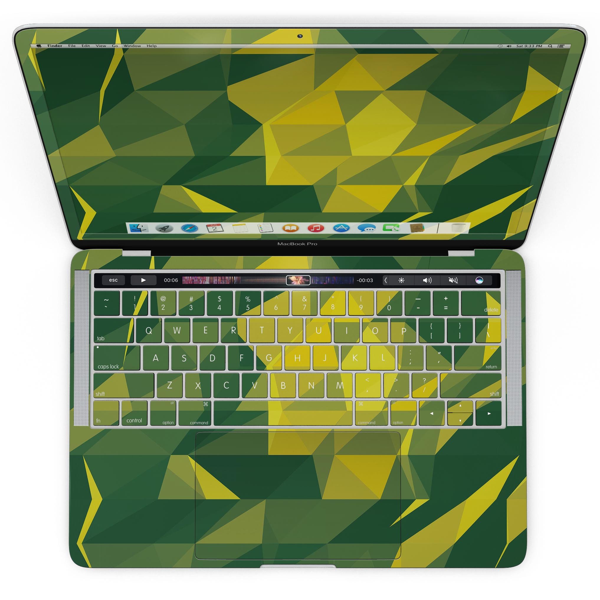 Green and Yellow Geometric Shapes skin for MacBook Pro with Touch Bar, showcasing vibrant colors and unique design.