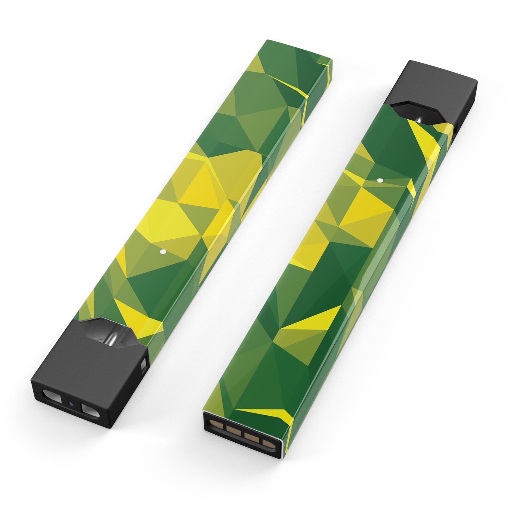 Green and yellow geometric shapes skin-wrap for JUUL vaping device, showcasing vibrant design and precision cut.