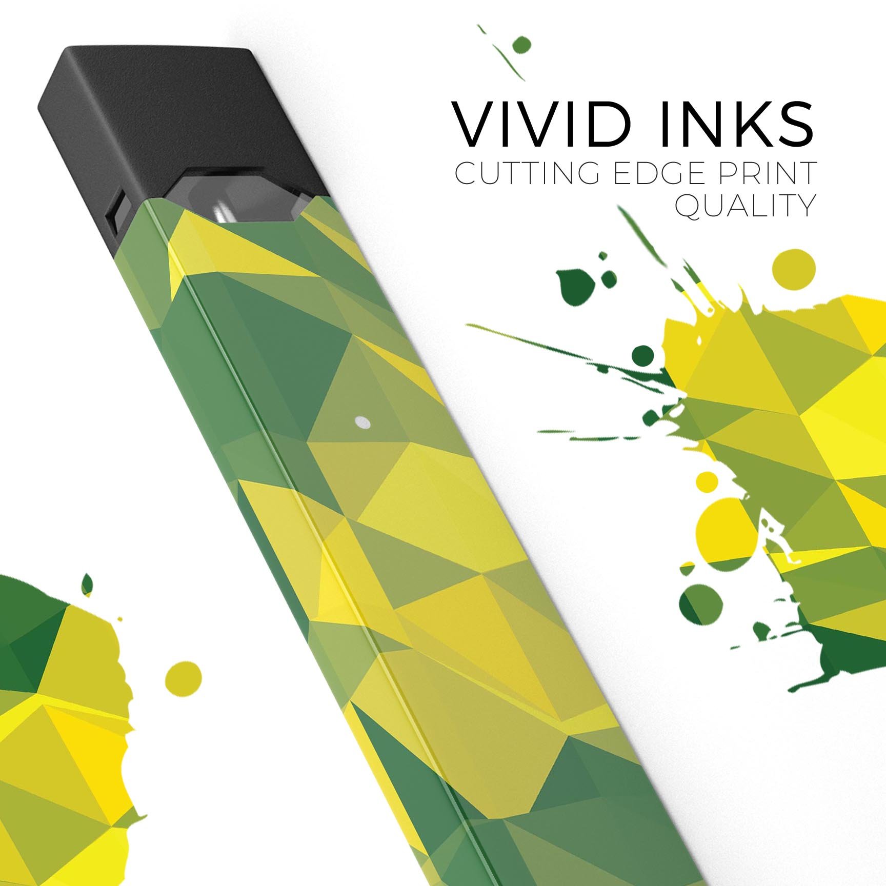 Green and yellow geometric shapes skin-wrap for JUUL vaping device, showcasing vibrant design and precision cut.