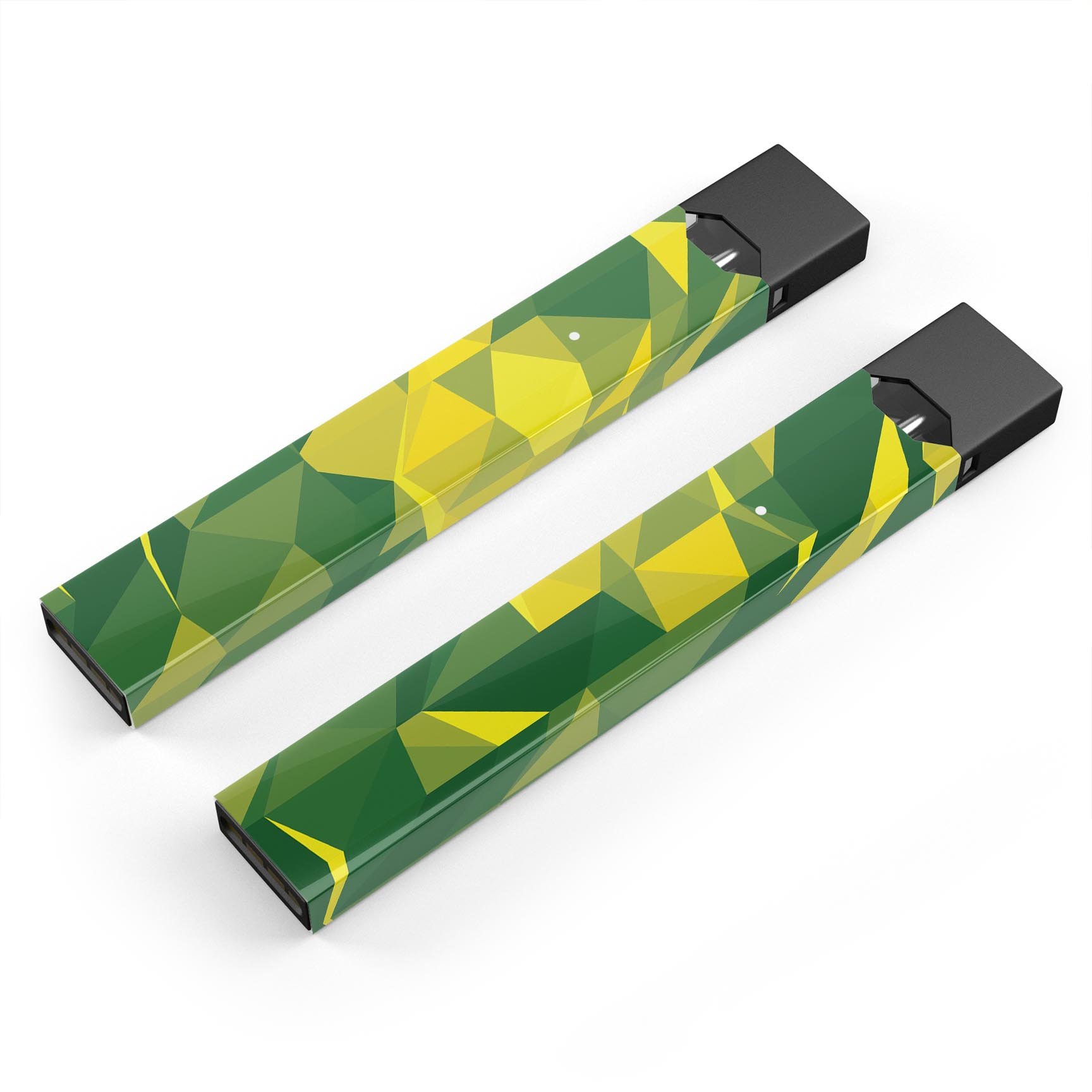 Green and yellow geometric shapes skin-wrap for JUUL vaping device, showcasing vibrant design and precision cut.