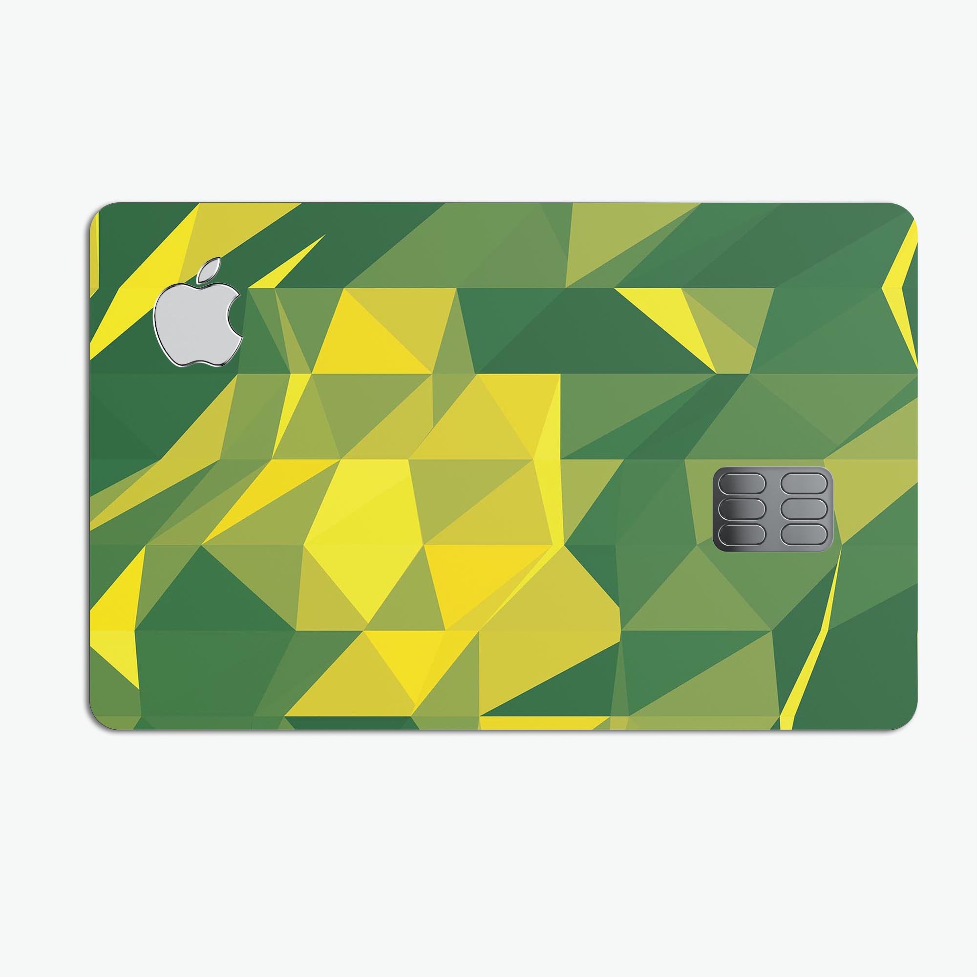 Green and Yellow Geometric Shapes decal skin for Apple Card, showcasing vibrant colors and a stylish design.