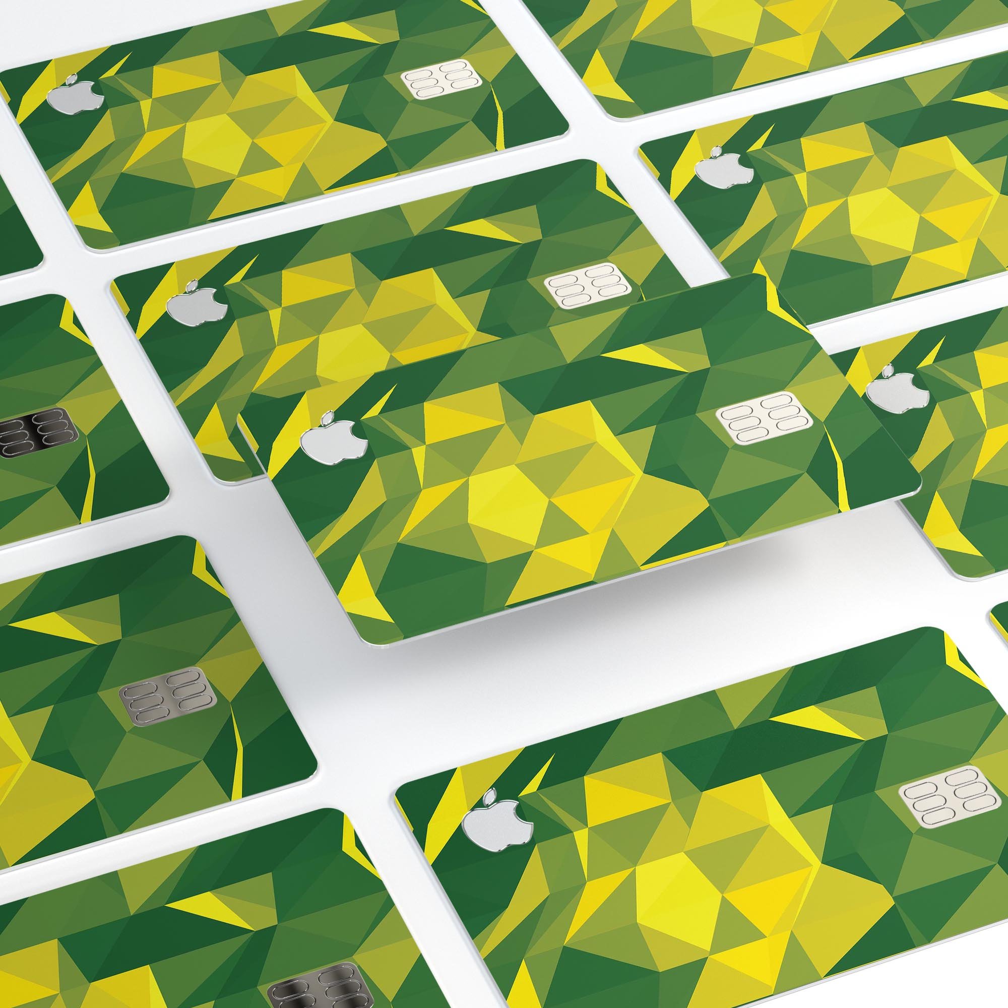 Green and Yellow Geometric Shapes decal skin for Apple Card, showcasing vibrant colors and a stylish design.