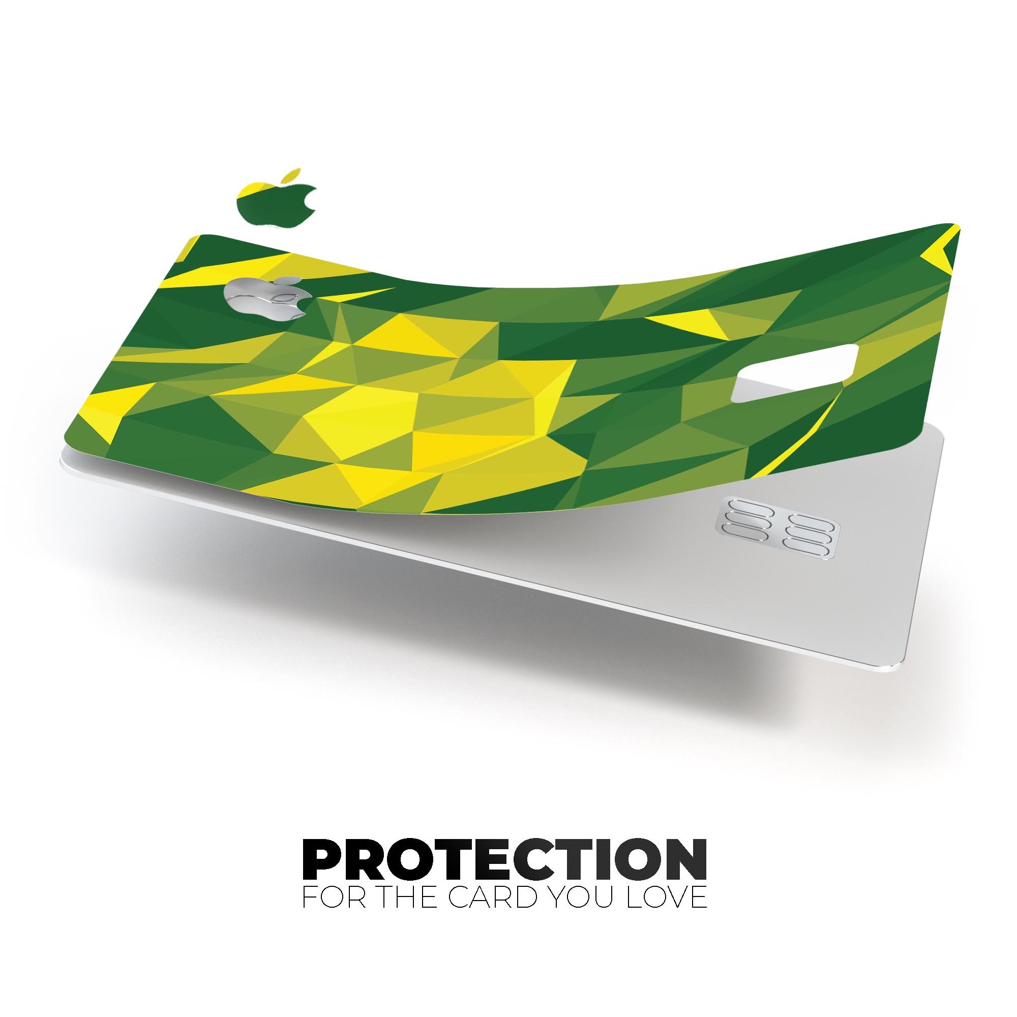 Green and Yellow Geometric Shapes decal skin for Apple Card, showcasing vibrant colors and a stylish design.