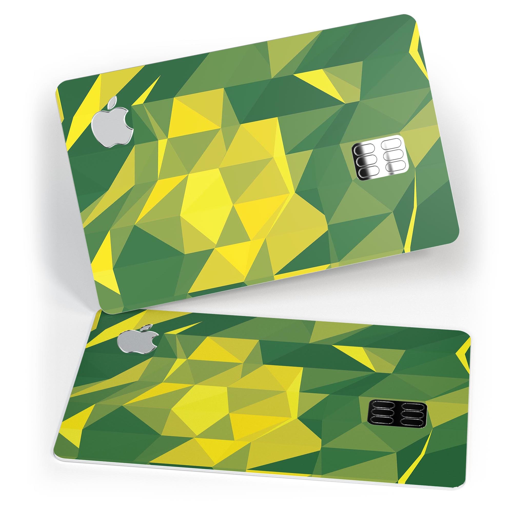 Green and Yellow Geometric Shapes decal skin for Apple Card, showcasing vibrant colors and a stylish design.