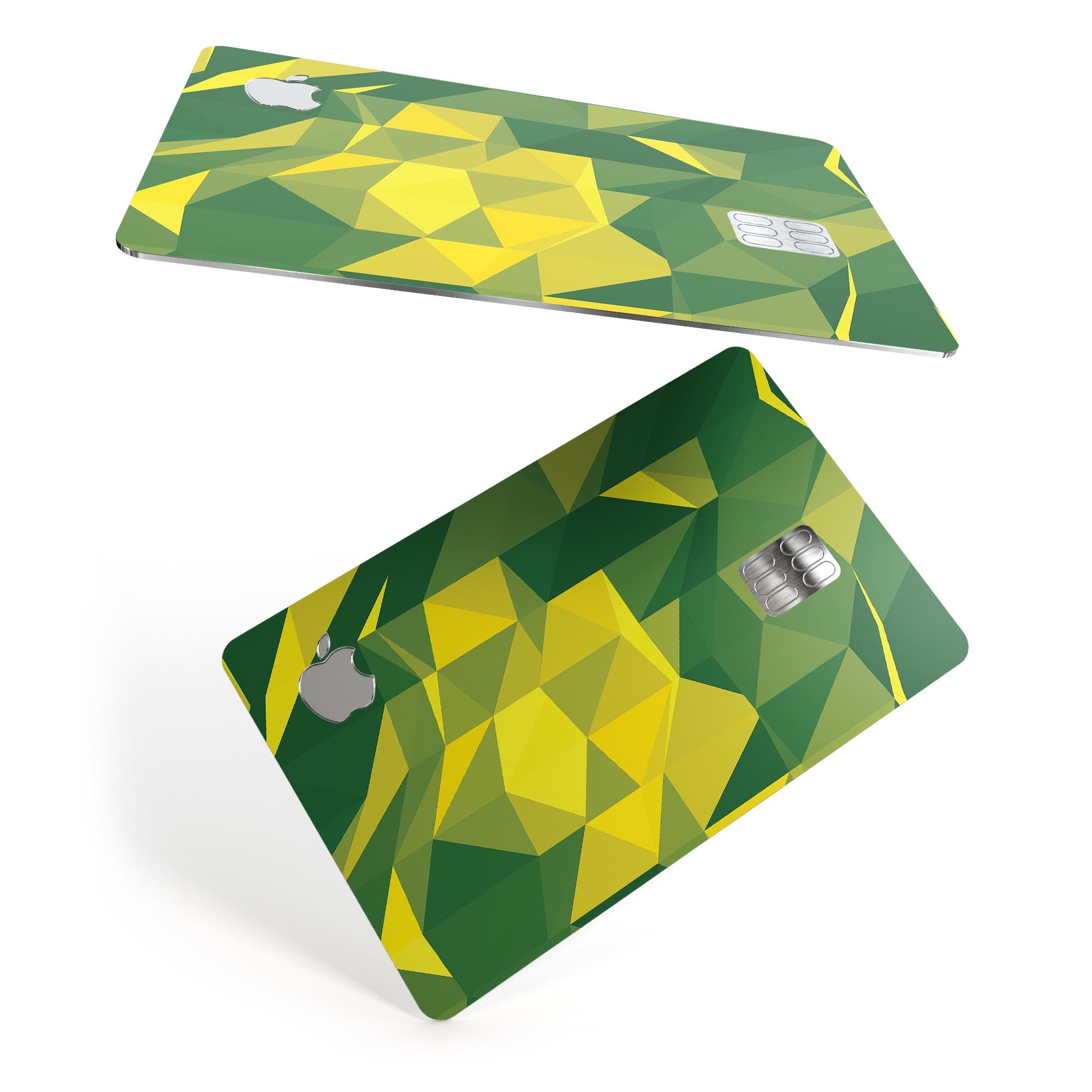 Green and Yellow Geometric Shapes decal skin for Apple Card, showcasing vibrant colors and a stylish design.