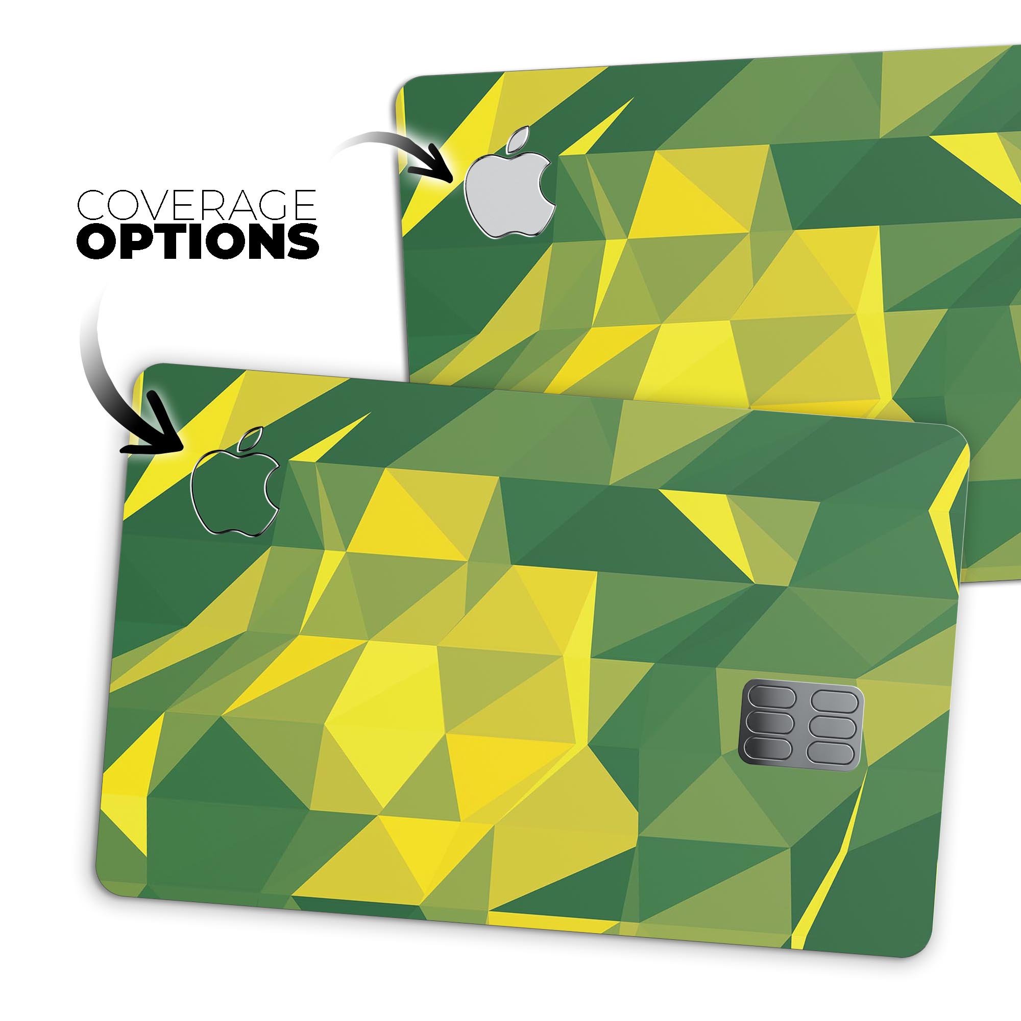 Green and Yellow Geometric Shapes decal skin for Apple Card, showcasing vibrant colors and a stylish design.