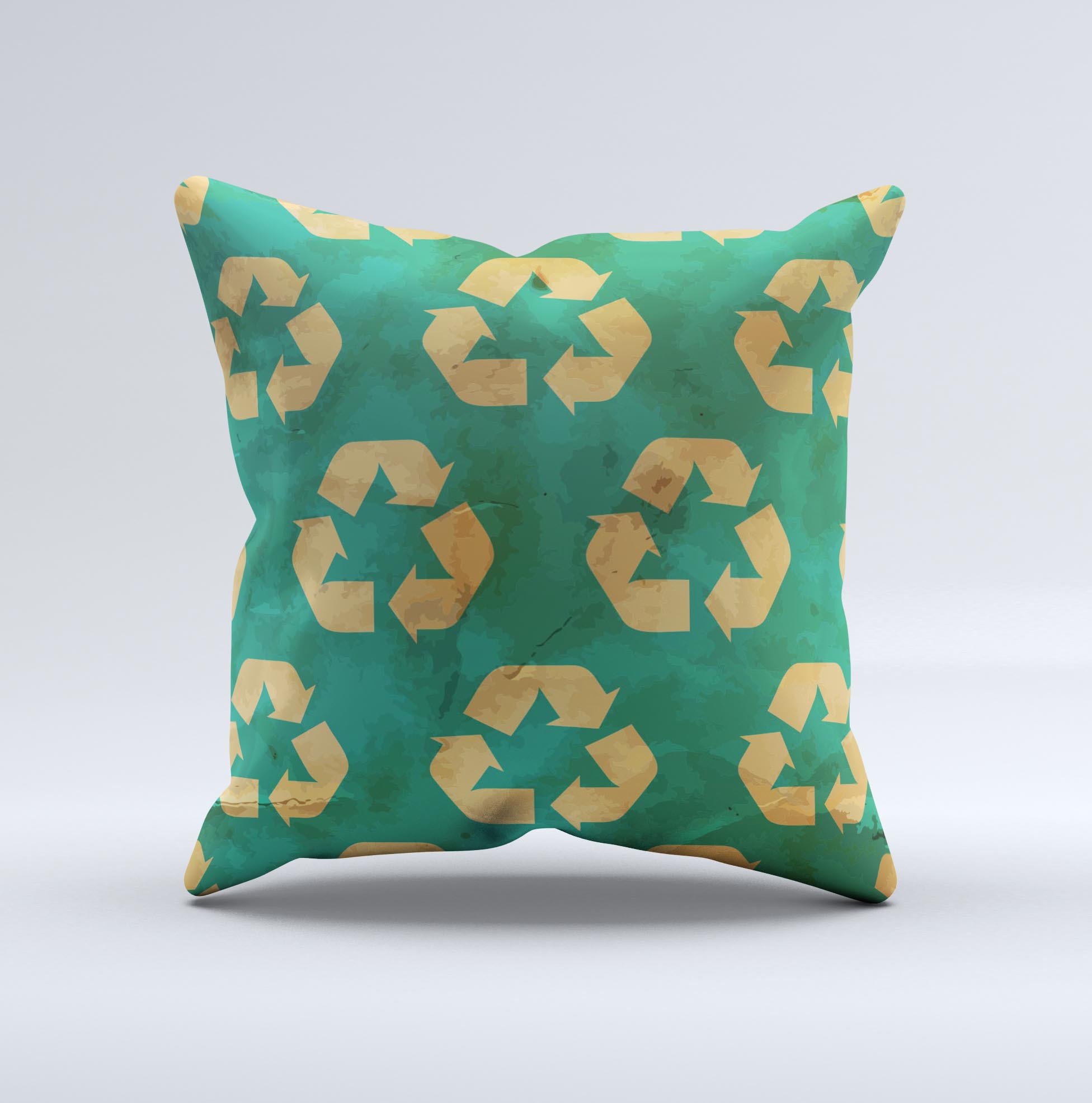 Green and Yellow RECYCLE Pattern V2 ink-Fuzed Decorative Throw Pillow showcasing vibrant colors and unique design, handcrafted in Virginia.