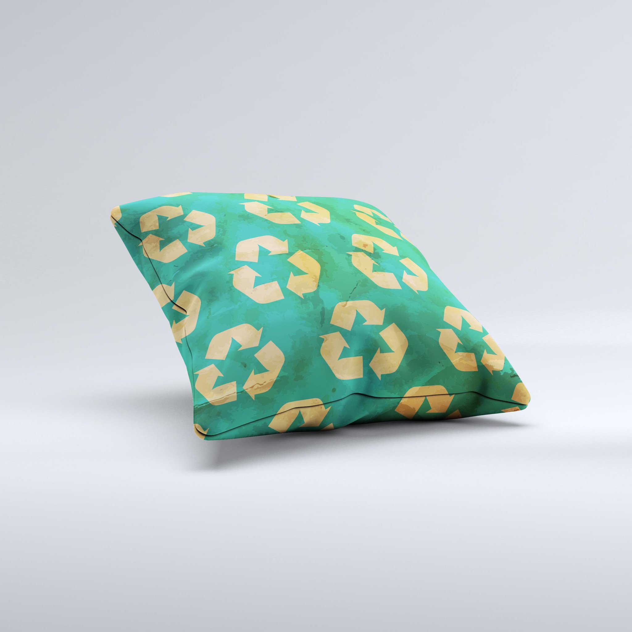 Green and Yellow RECYCLE Pattern V2 ink-Fuzed Decorative Throw Pillow showcasing vibrant colors and unique design, handcrafted in Virginia.