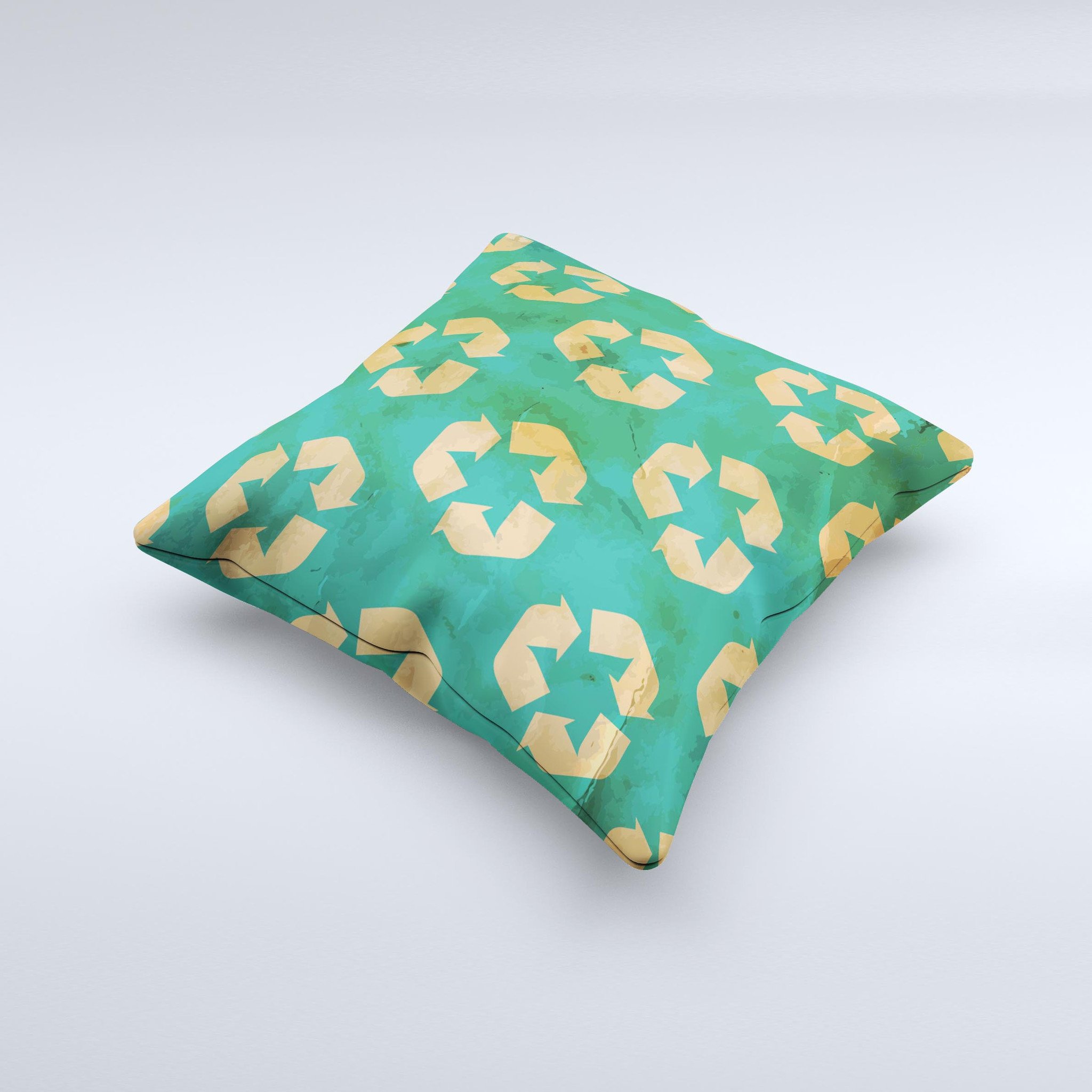 Green and Yellow RECYCLE Pattern V2 ink-Fuzed Decorative Throw Pillow showcasing vibrant colors and unique design, handcrafted in Virginia.