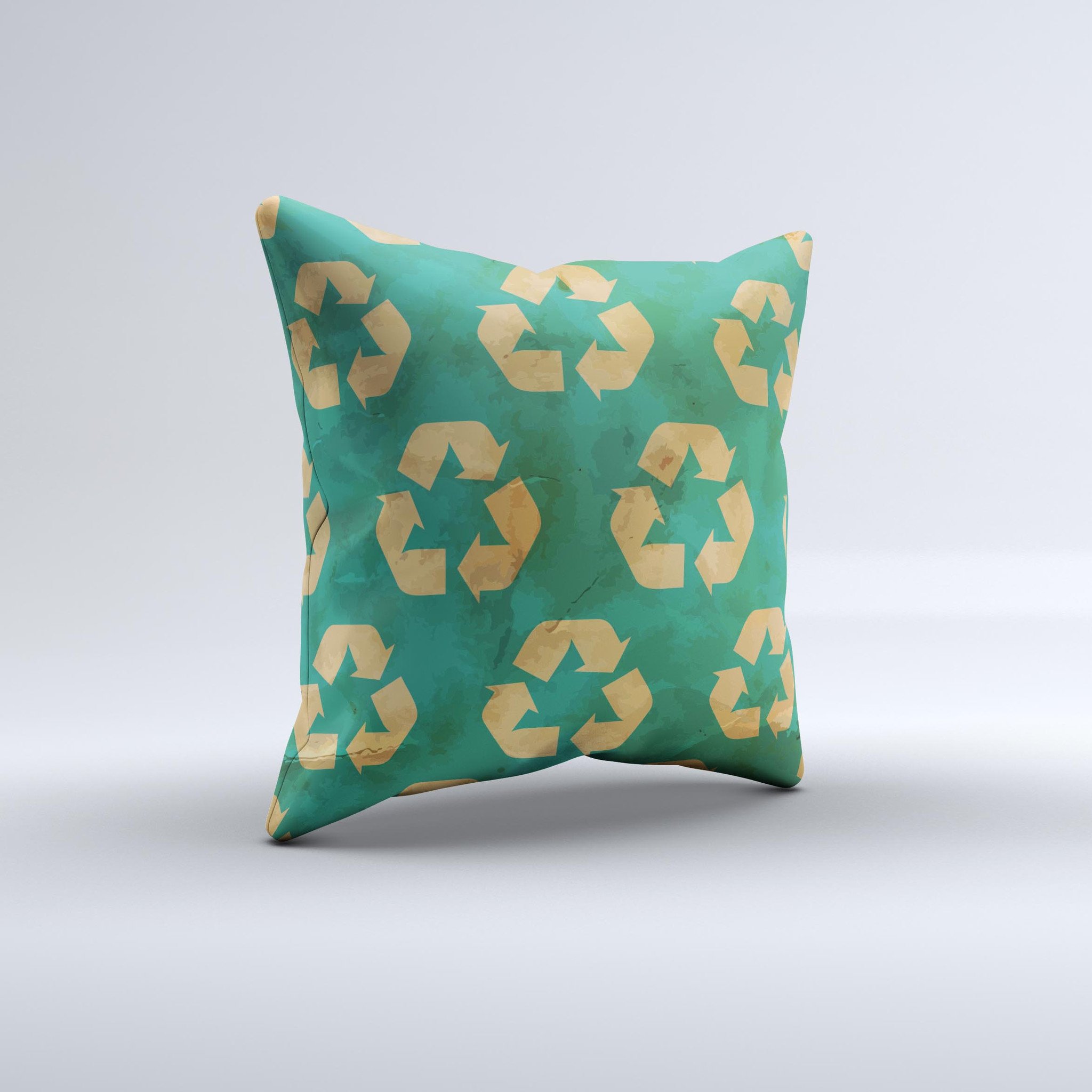 Green and Yellow RECYCLE Pattern V2 ink-Fuzed Decorative Throw Pillow showcasing vibrant colors and unique design, handcrafted in Virginia.