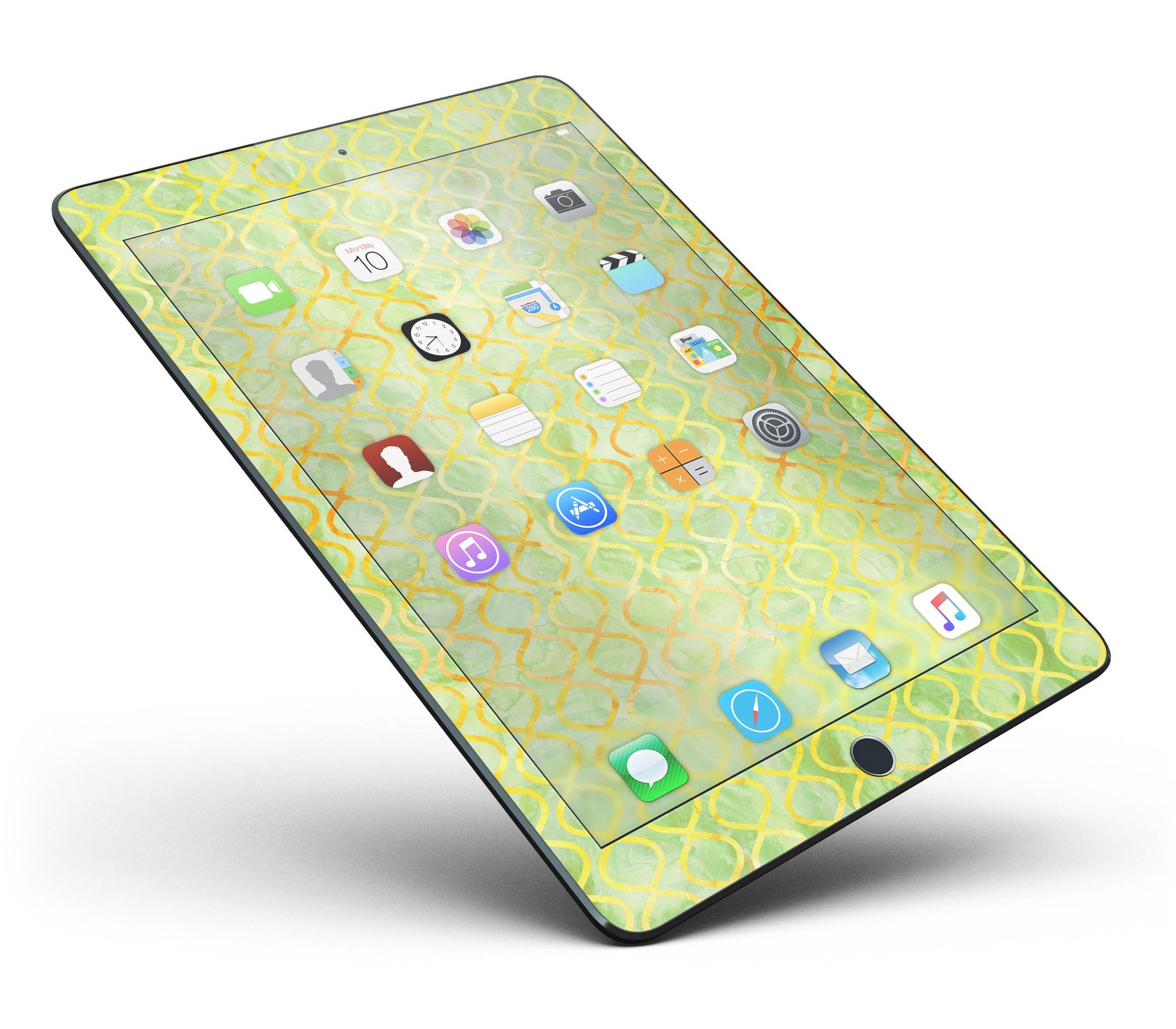 Green and yellow watercolor helix pattern skin for iPad Pro, showcasing vibrant colors and full body coverage.