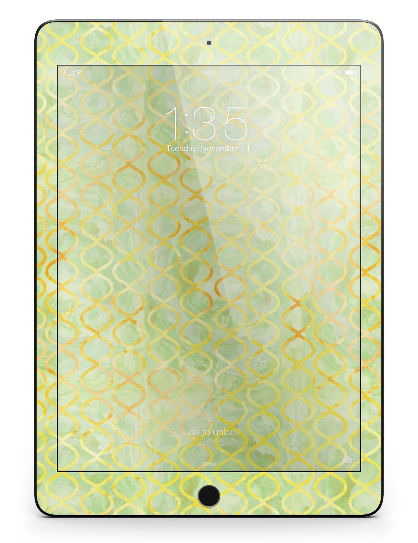 Green and yellow watercolor helix pattern skin for iPad Pro, showcasing vibrant colors and full body coverage.