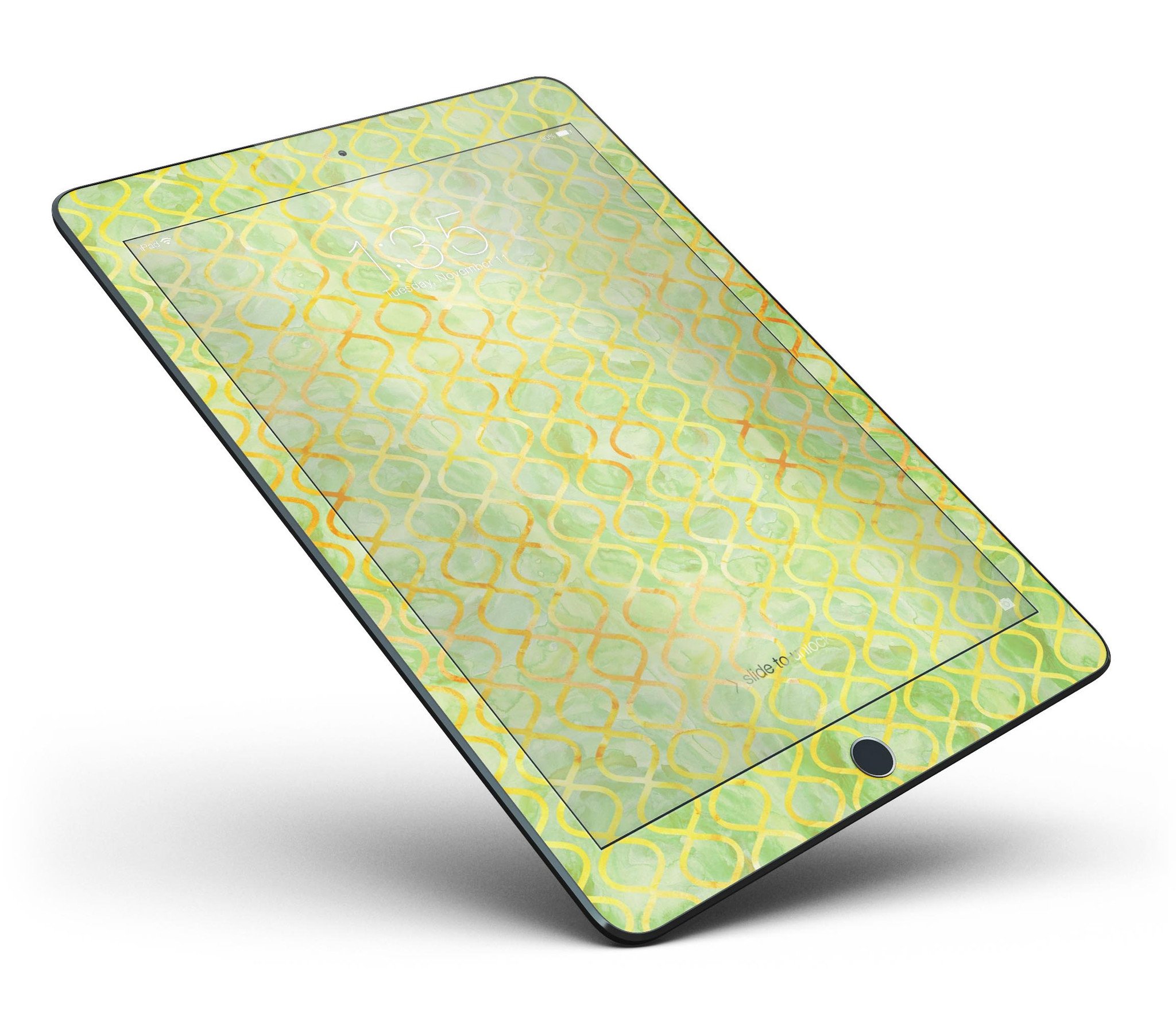 Green and yellow watercolor helix pattern skin for iPad Pro, showcasing vibrant colors and full body coverage.