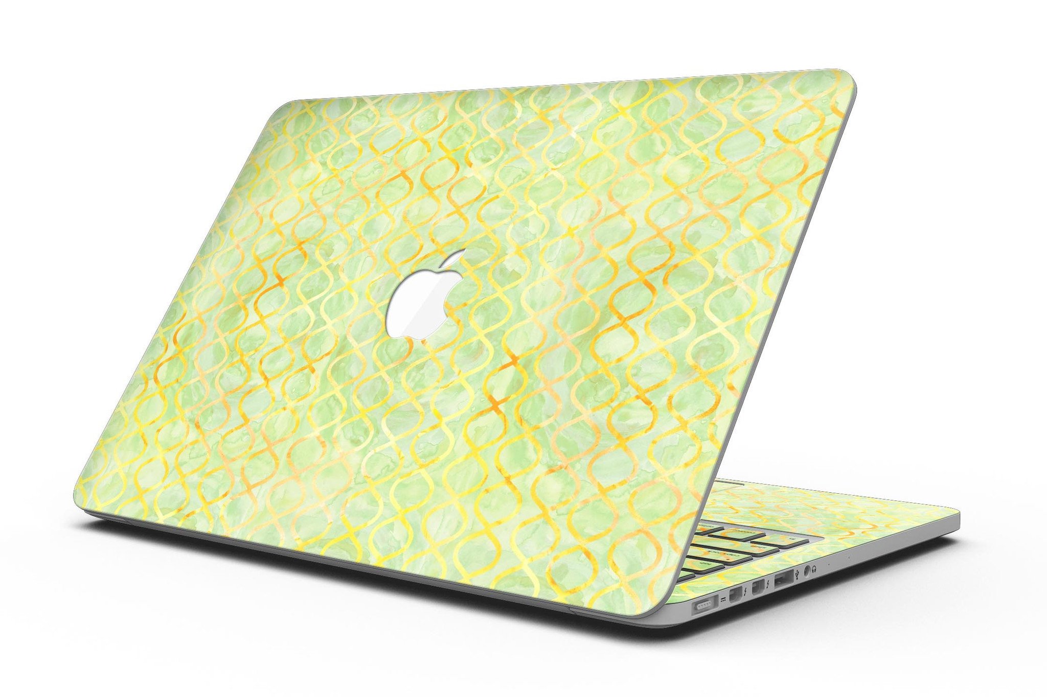 Green and Yellow Watercolor Helix Pattern skin for MacBook Pro with Retina Display, showcasing vibrant colors and intricate design.