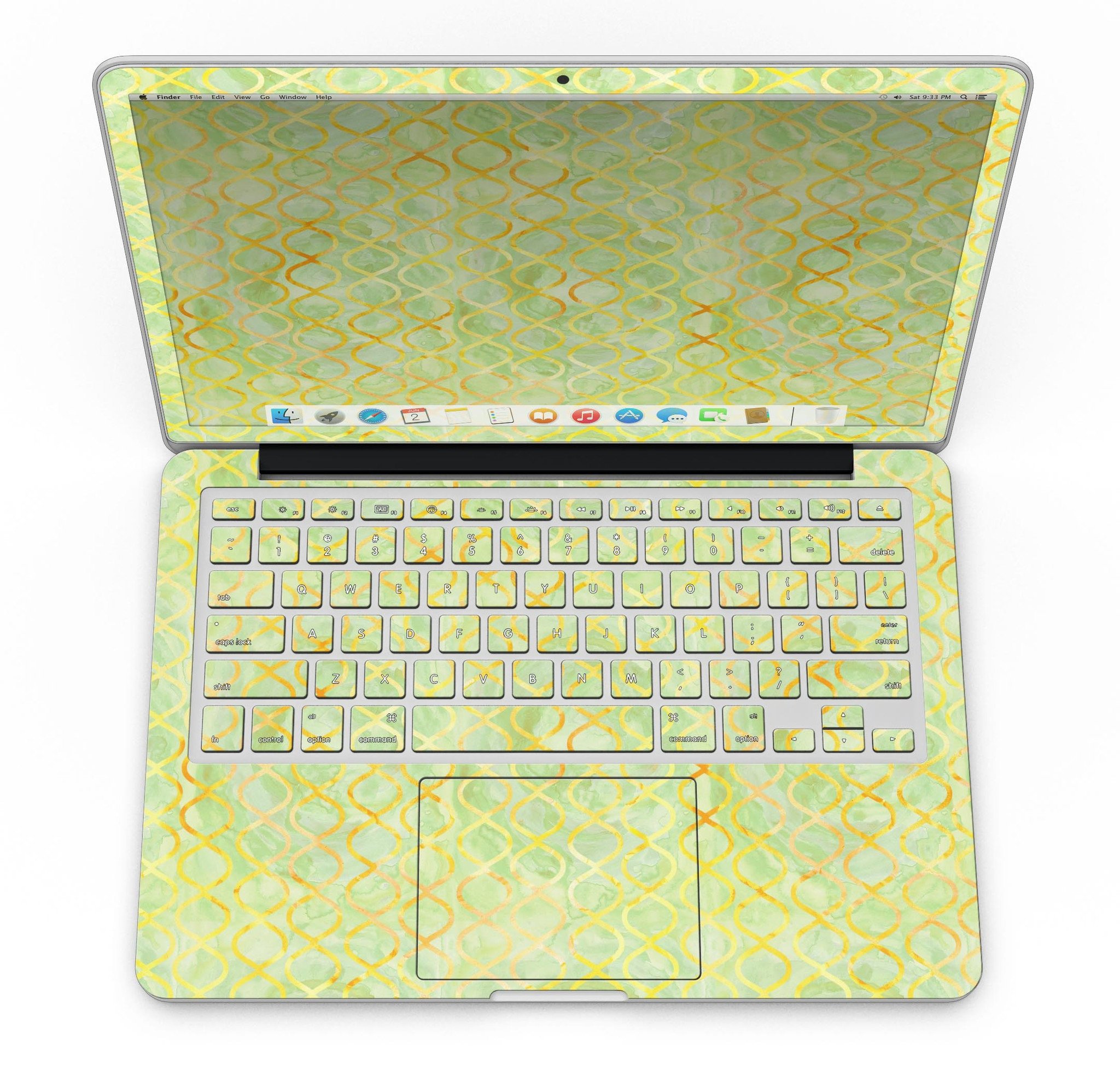 Green and Yellow Watercolor Helix Pattern skin for MacBook Pro with Retina Display, showcasing vibrant colors and intricate design.