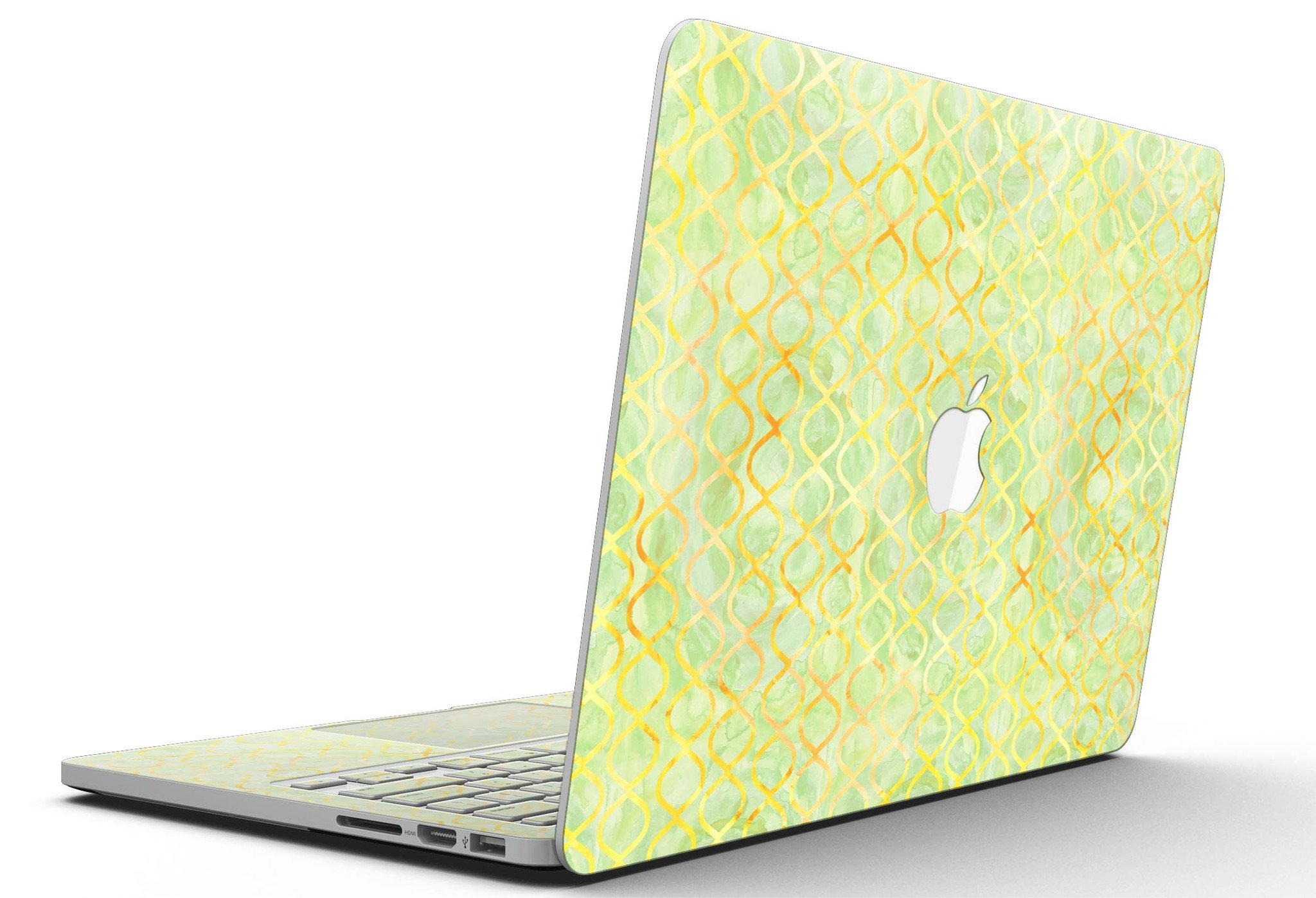 Green and Yellow Watercolor Helix Pattern skin for MacBook Pro with Retina Display, showcasing vibrant colors and intricate design.