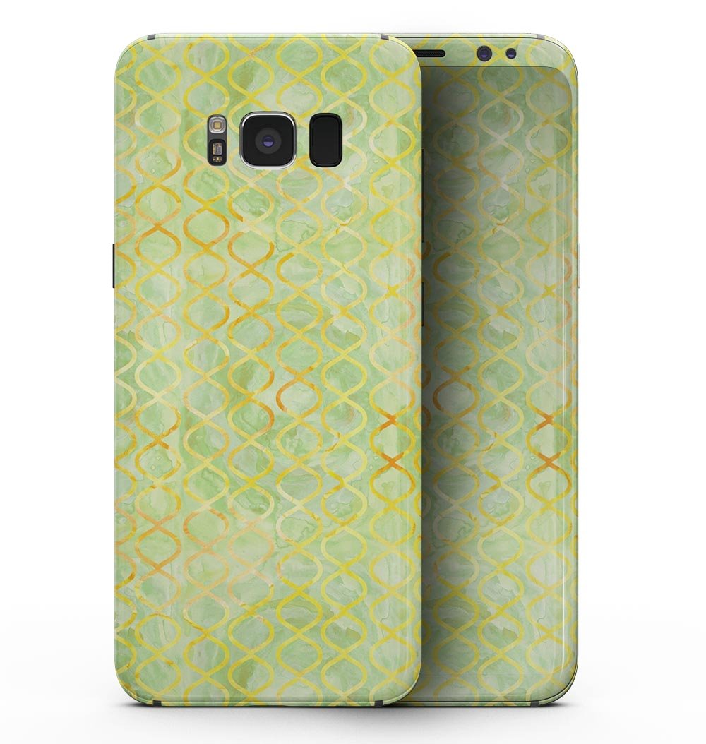 Samsung Galaxy S8 with a Green and Yellow Watercolor Helix Pattern skin, showcasing vibrant colors and a sleek design.