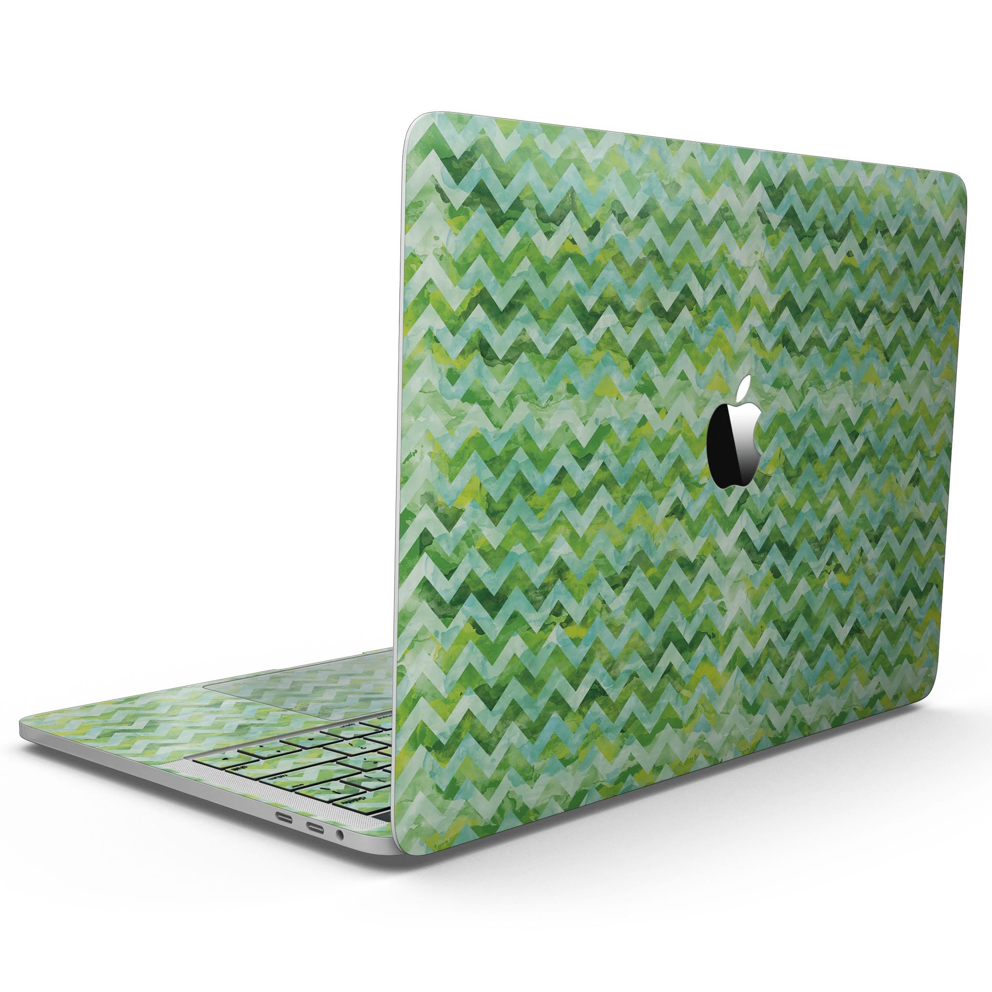 Green Basic Watercolor Chevron Pattern skin for 13" MacBook Pro without Touch Bar, showcasing vibrant colors and stylish design.