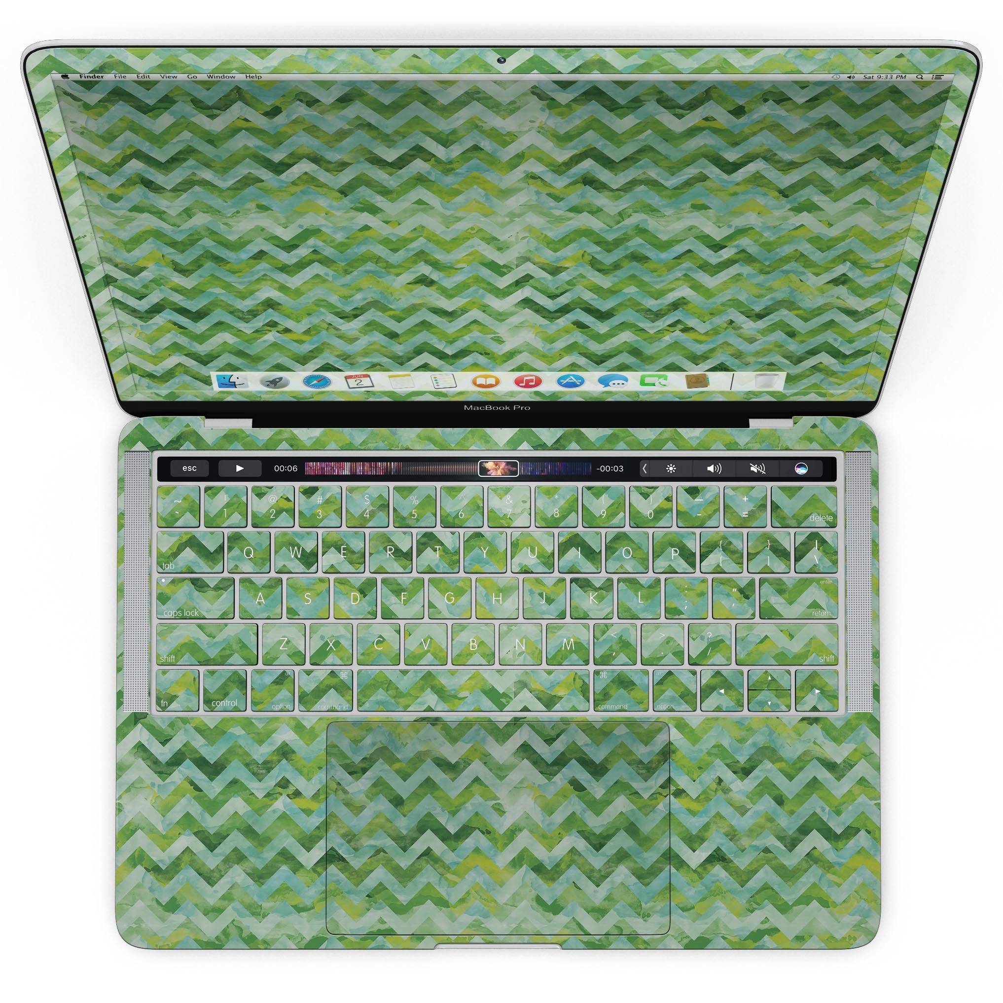 Green Basic Watercolor Chevron Pattern skin for MacBook Pro with Touch Bar, showcasing vibrant colors and stylish design.