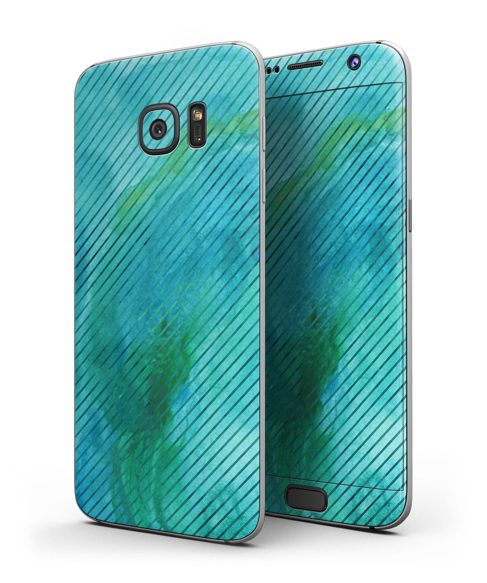 Green Blue Watercolor Stripes full body skin kit for Samsung Galaxy S7 and S7 Edge, showcasing vibrant colors and sleek design.