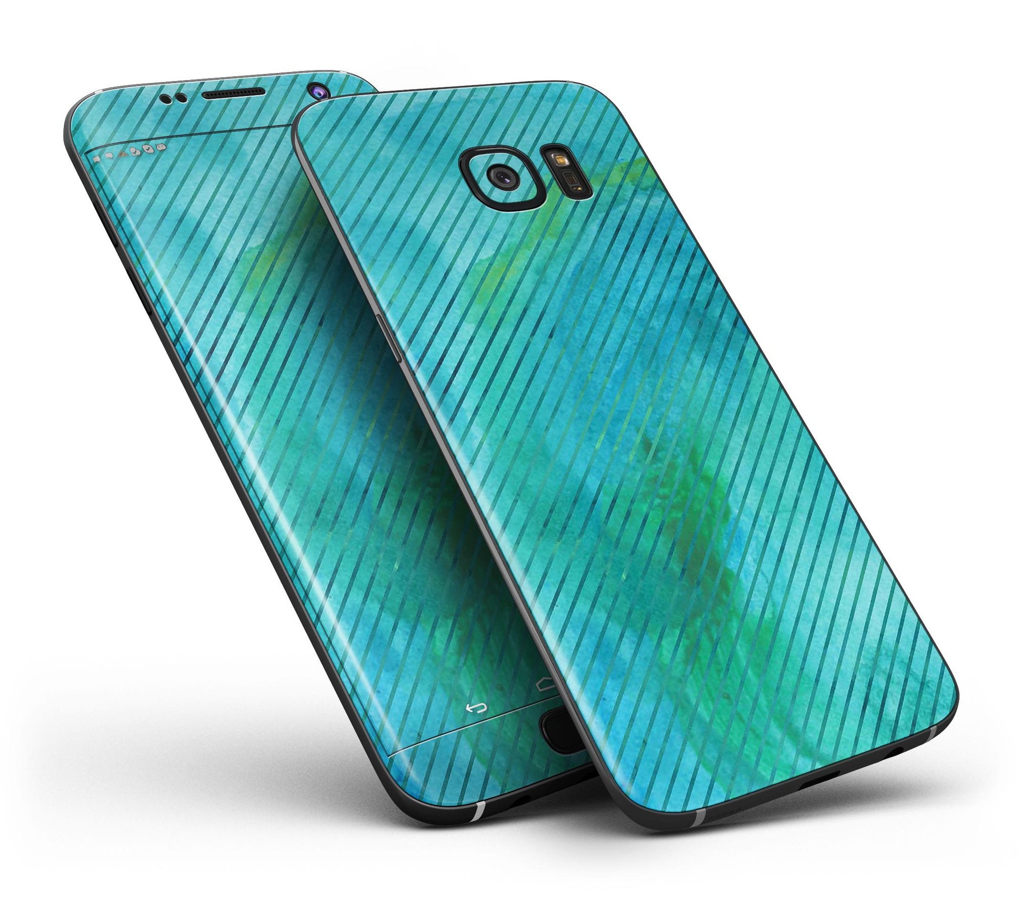 Green Blue Watercolor Stripes full body skin kit for Samsung Galaxy S7 and S7 Edge, showcasing vibrant colors and sleek design.