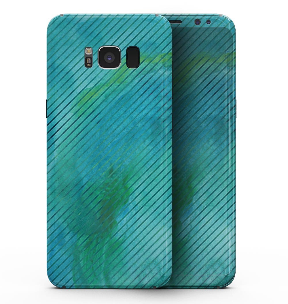 Samsung Galaxy S8 with Green Blue Watercolor Stripes skin, showcasing vibrant colors and artistic design.