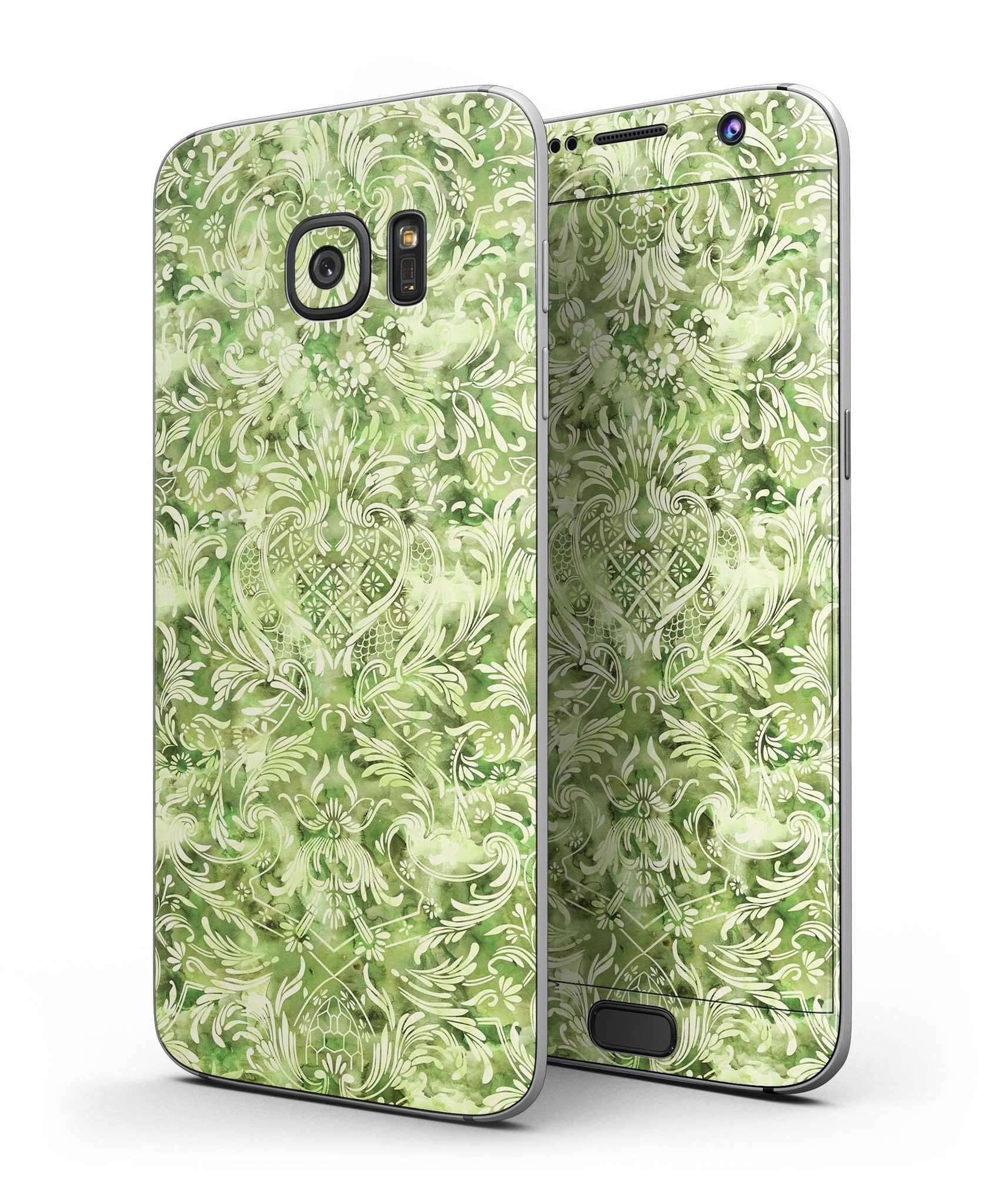 Green Damask v2 Watercolor Pattern skin for Samsung Galaxy S7, showcasing vibrant colors and intricate design.