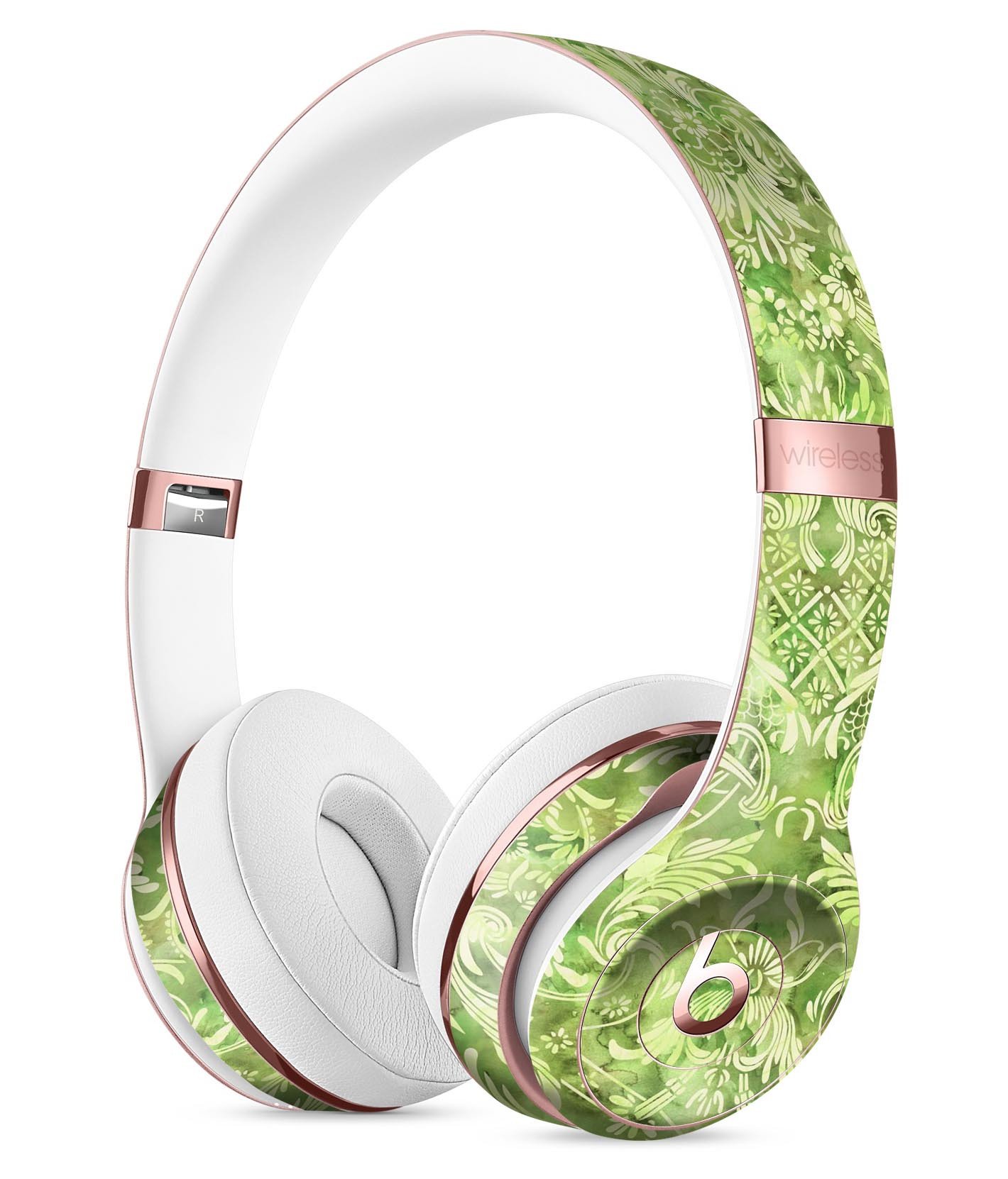 Green Damask v2 Watercolor Pattern skin kit for Beats by Dre Solo 3 Wireless Headphones, showcasing vibrant colors and intricate design.