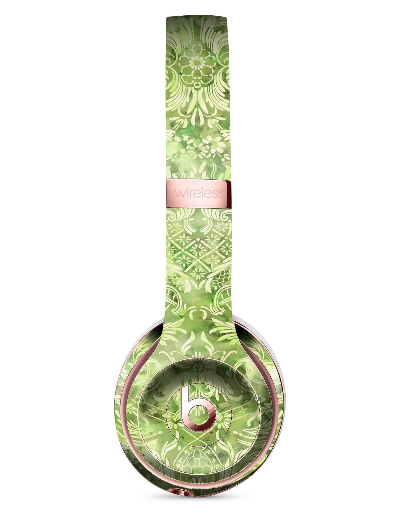 Green Damask v2 Watercolor Pattern skin kit for Beats by Dre Solo 3 Wireless Headphones, showcasing vibrant colors and intricate design.