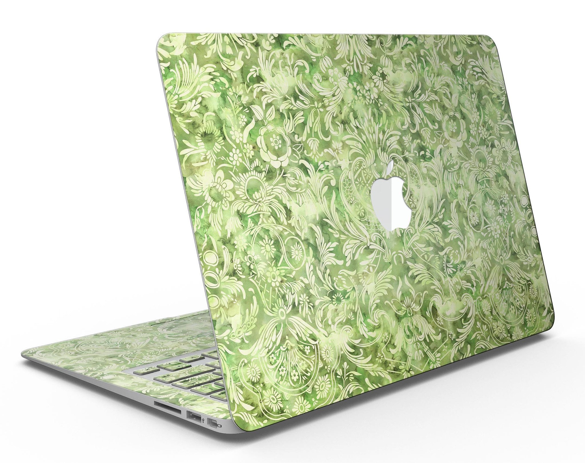 Green Damask v2 Watercolor Pattern skin for MacBook Air, showcasing vibrant colors and intricate design on a sleek laptop.