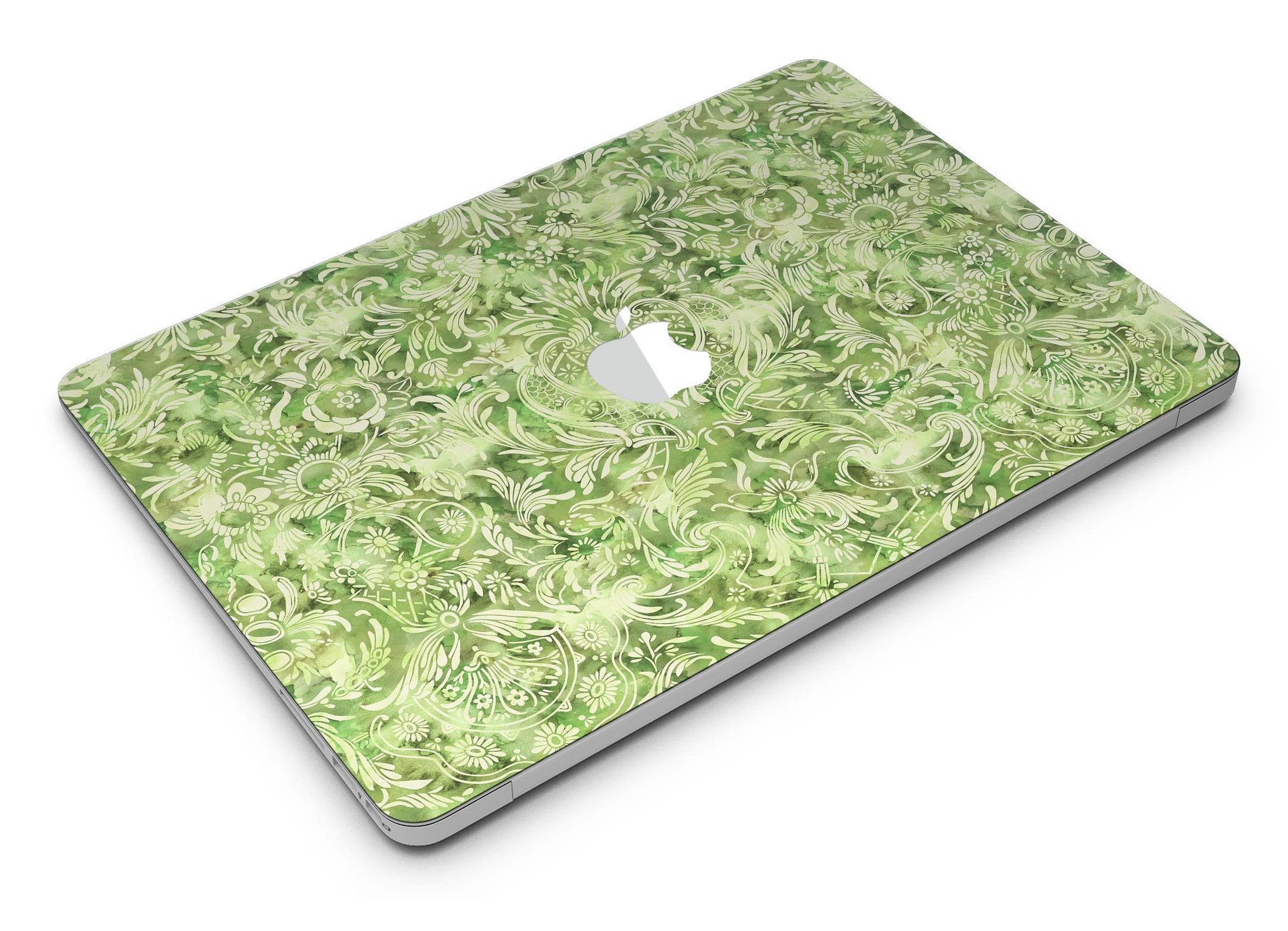 Green Damask v2 Watercolor Pattern skin for MacBook Air, showcasing vibrant colors and intricate design on a sleek laptop.