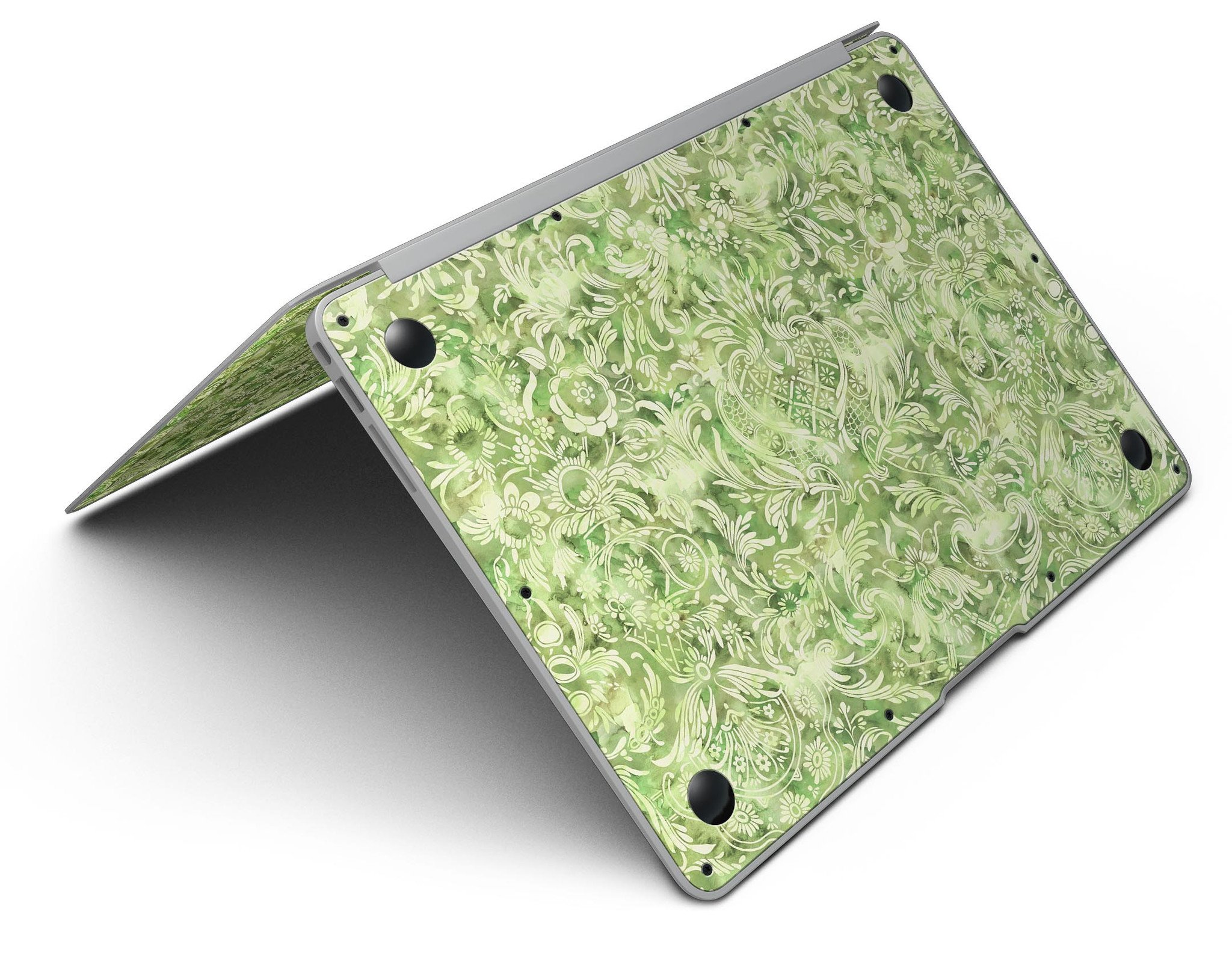 Green Damask v2 Watercolor Pattern skin for MacBook Air, showcasing vibrant colors and intricate design on a sleek laptop.