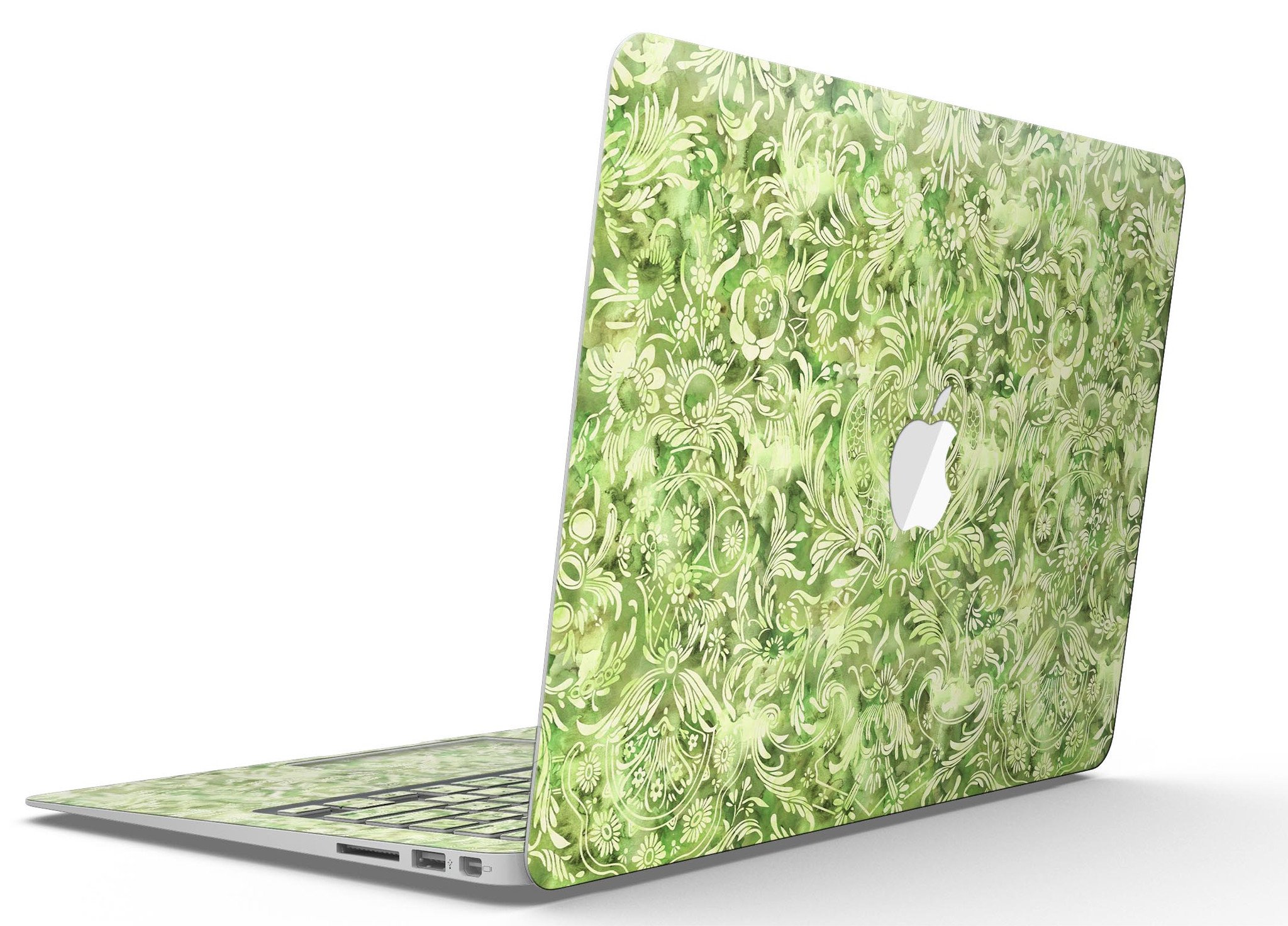 Green Damask v2 Watercolor Pattern skin for MacBook Air, showcasing vibrant colors and intricate design on a sleek laptop.