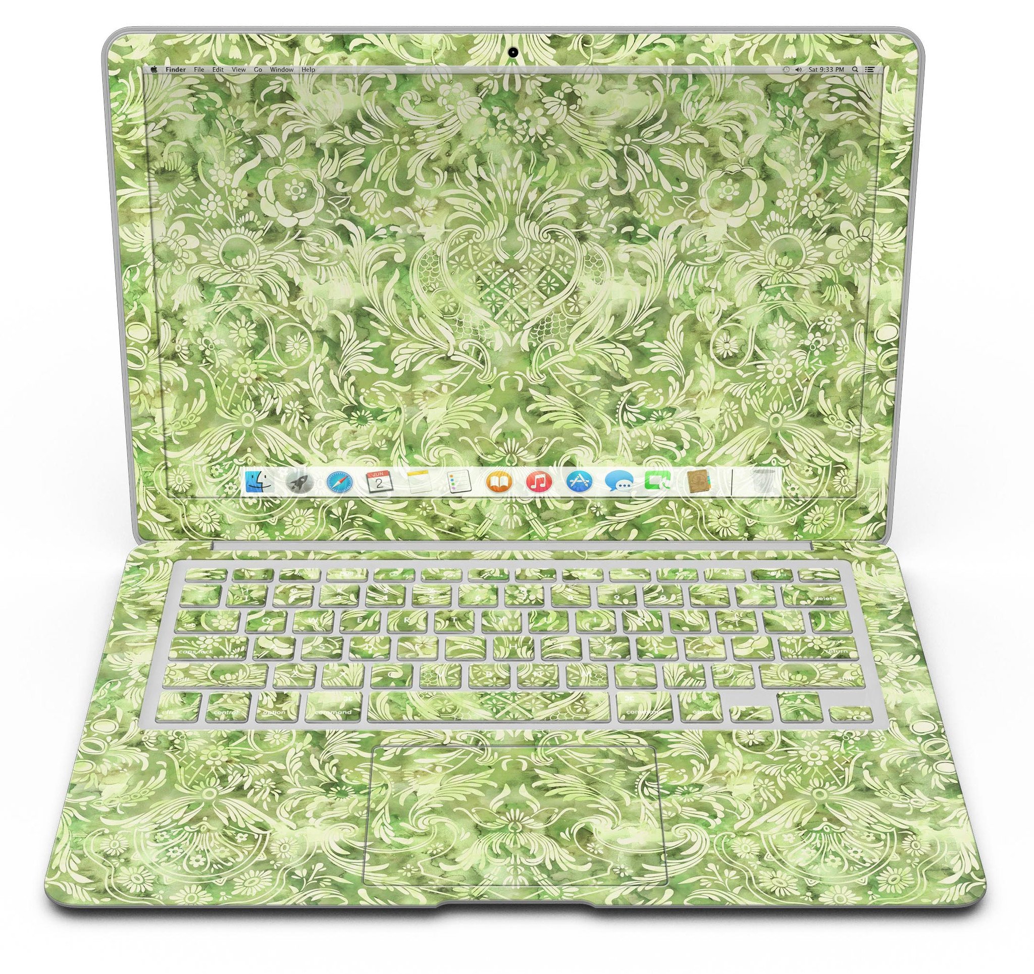 Green Damask v2 Watercolor Pattern skin for MacBook Air, showcasing vibrant colors and intricate design on a sleek laptop.