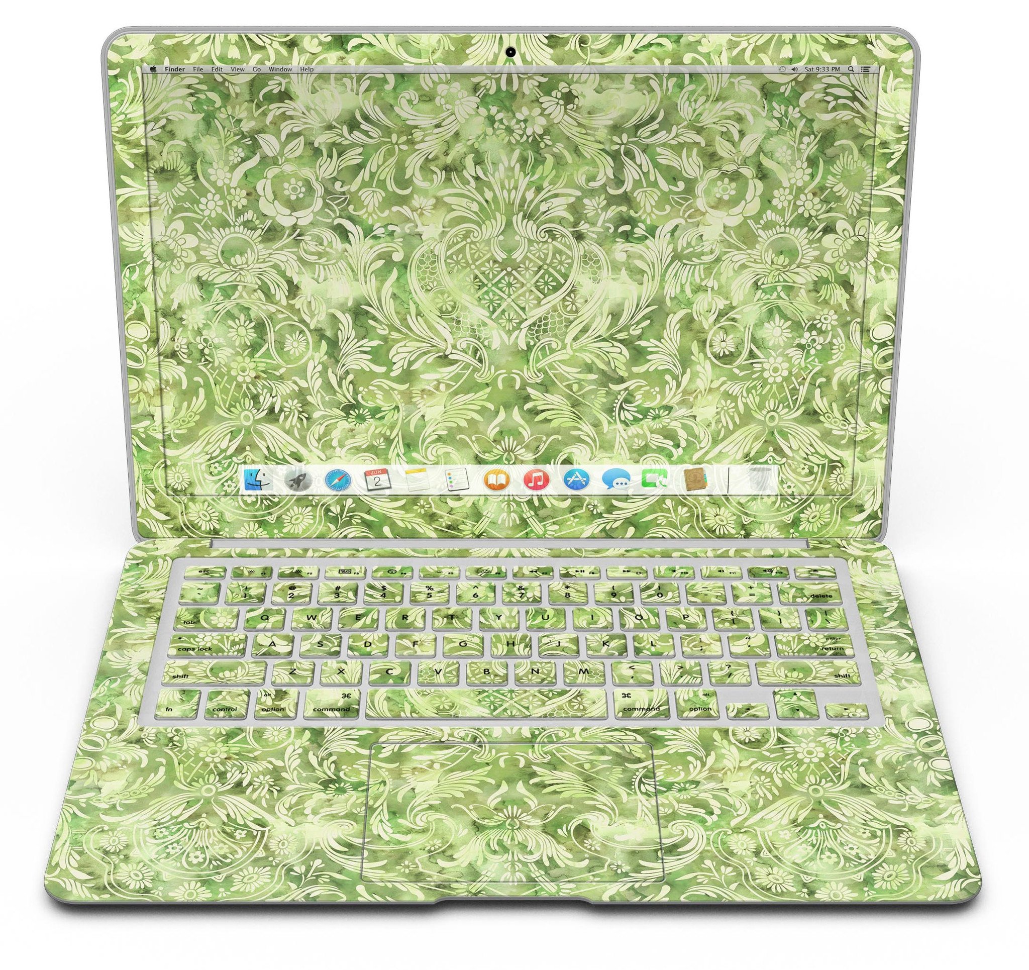 Green Damask v2 Watercolor Pattern skin for MacBook Air, showcasing vibrant colors and intricate design on a sleek laptop.