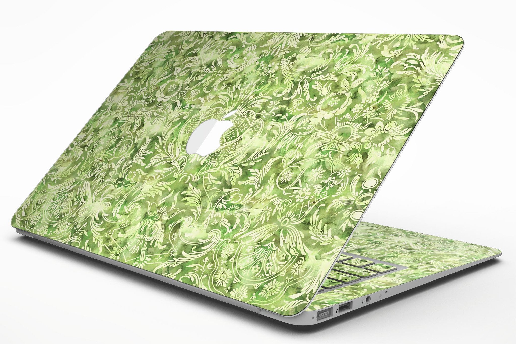 Green Damask v2 Watercolor Pattern skin for MacBook Air, showcasing vibrant colors and intricate design on a sleek laptop.