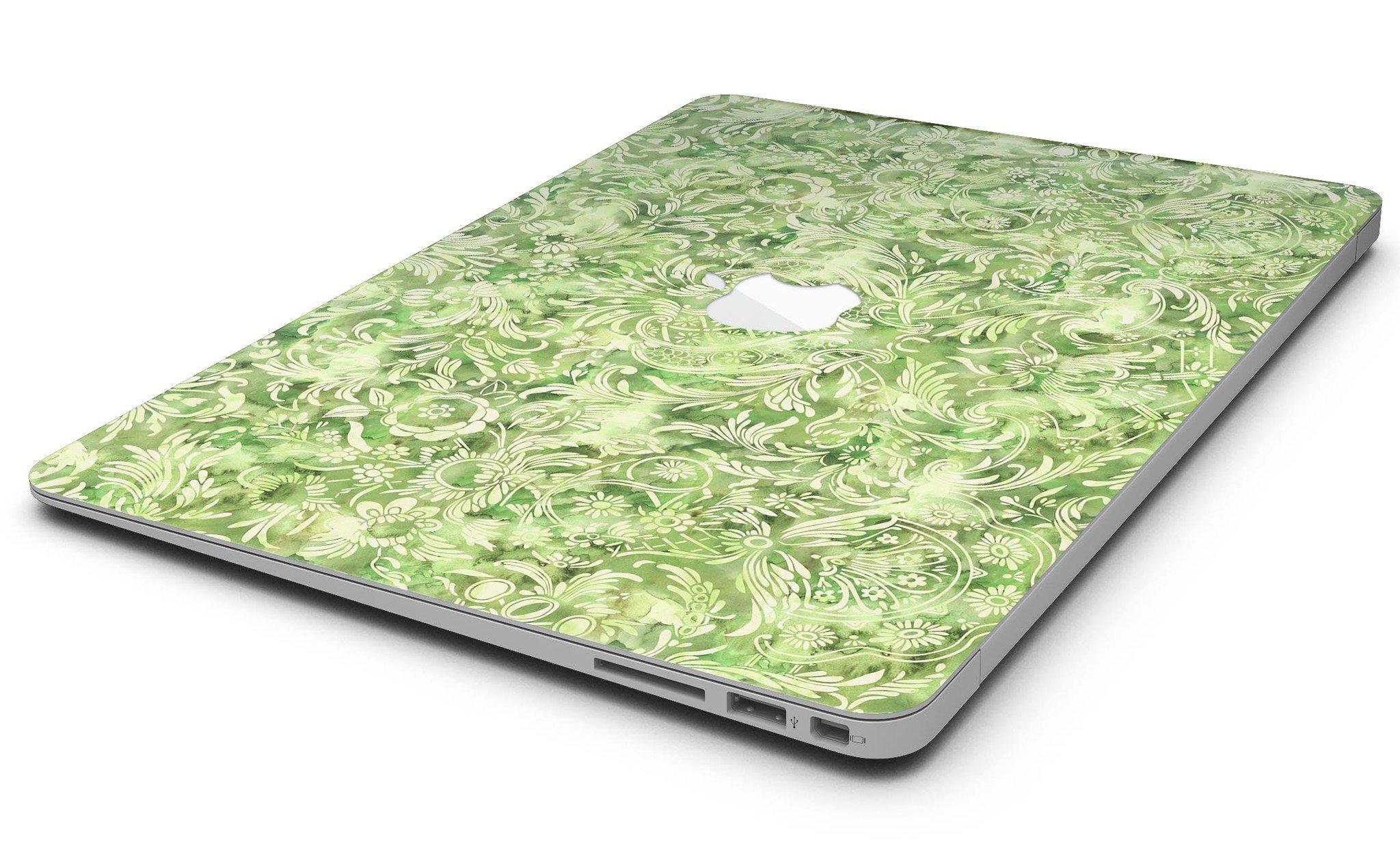 Green Damask v2 Watercolor Pattern skin for MacBook Air, showcasing vibrant colors and intricate design on a sleek laptop.