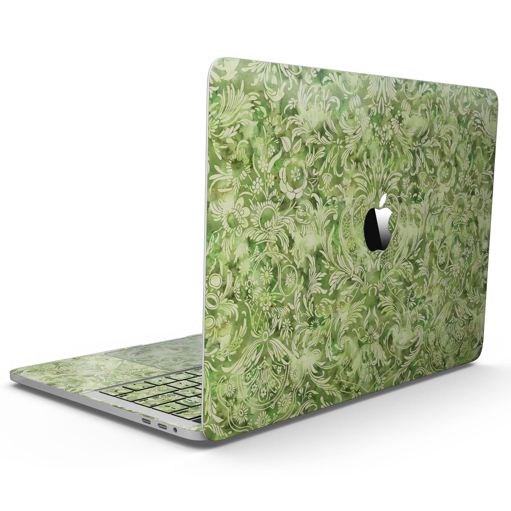 Green Damask v2 Watercolor Pattern skin for MacBook Pro with Touch Bar, showcasing elegant design and premium vinyl material.