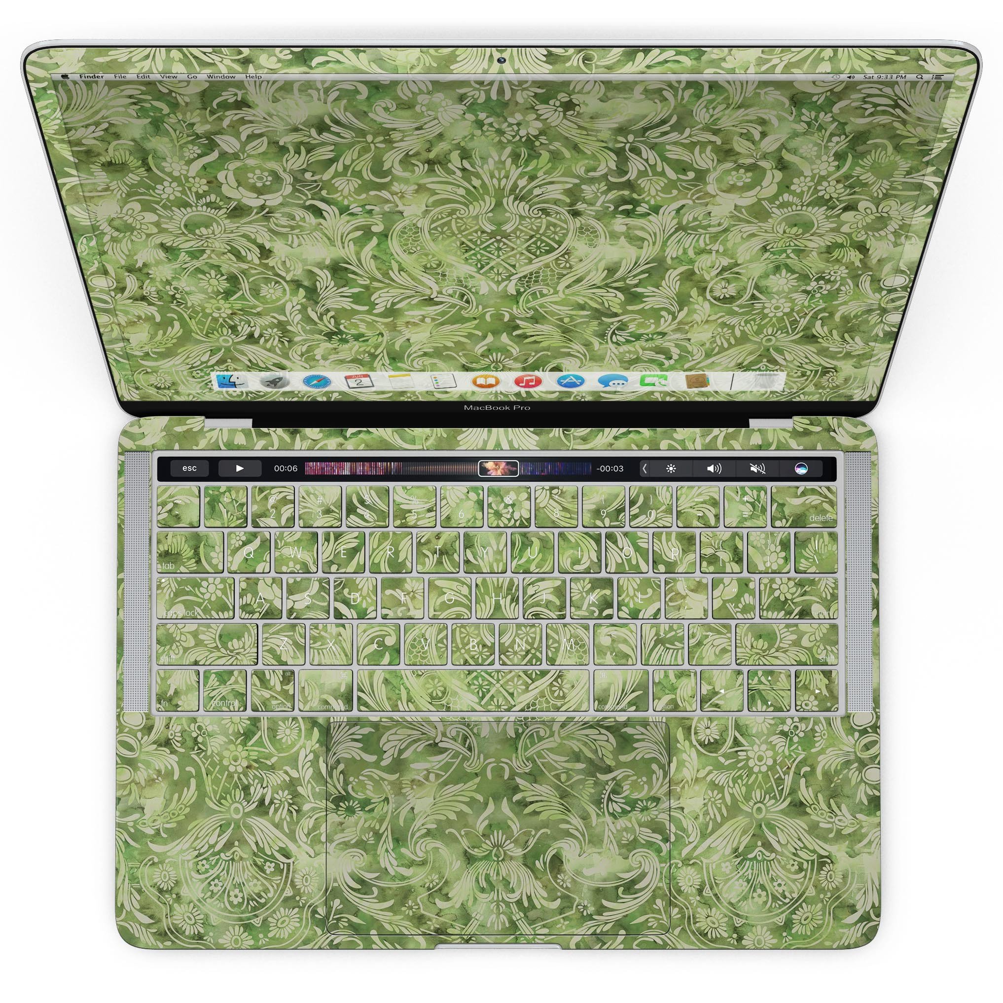 Green Damask v2 Watercolor Pattern skin for MacBook Pro with Touch Bar, showcasing elegant design and premium vinyl material.