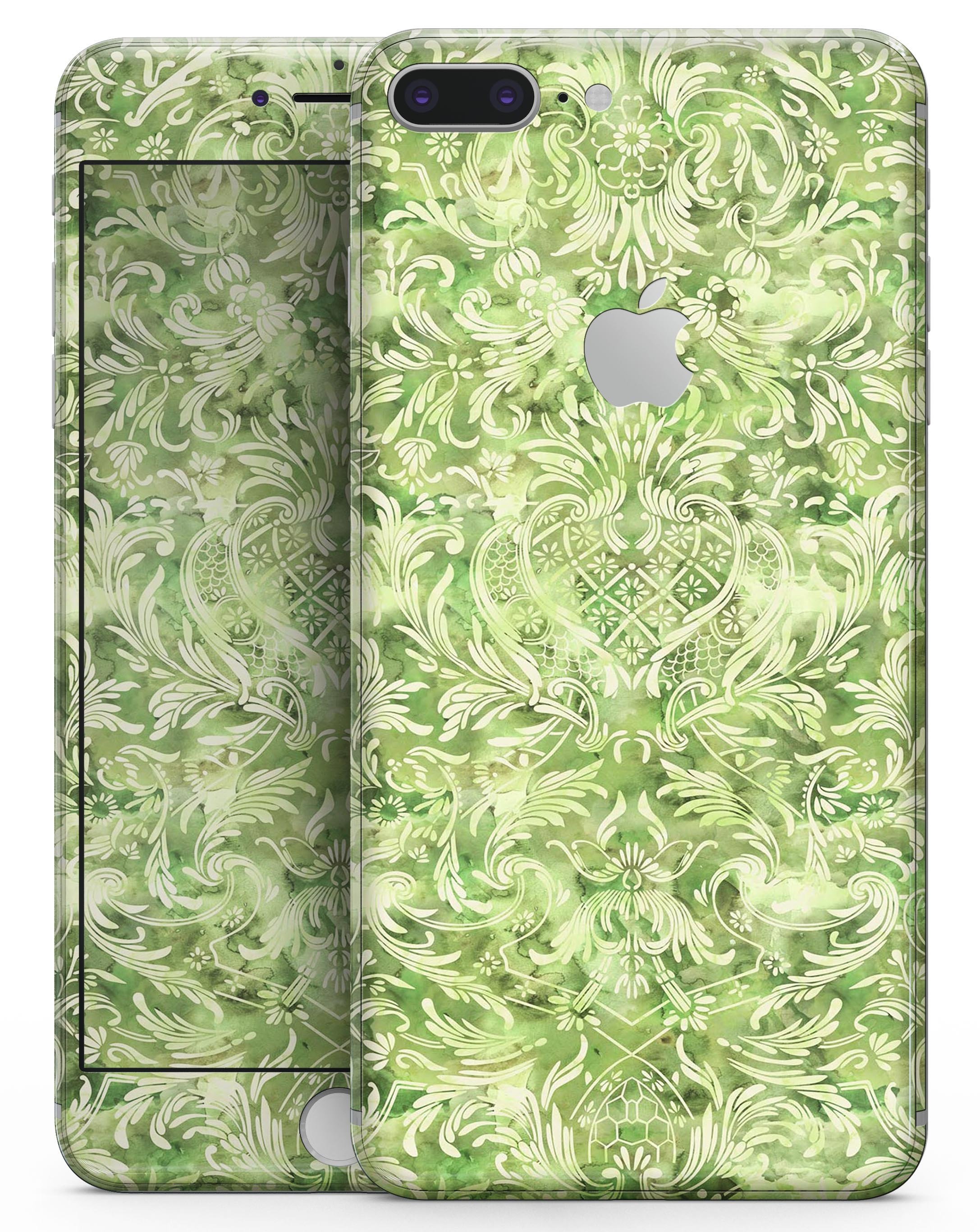 Green Damask v2 Watercolor Pattern Skin-kit for iPhone 8 and 8 Plus, showcasing a vibrant and stylish design.