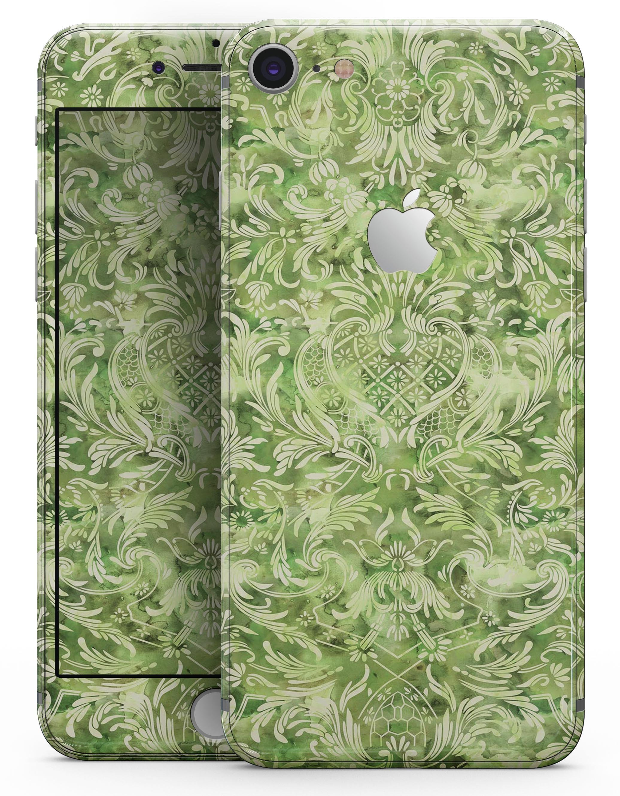 Green Damask v2 Watercolor Pattern Skin-kit for iPhone 8 and 8 Plus, showcasing a vibrant and stylish design.