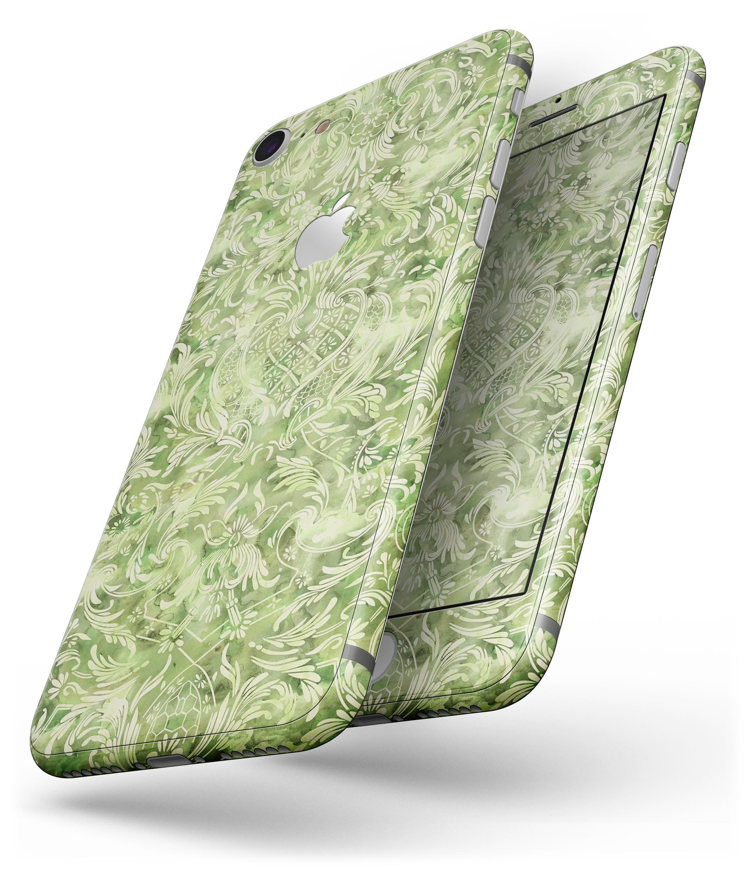 Green Damask v2 Watercolor Pattern Skin-kit for iPhone 8 and 8 Plus, showcasing a vibrant and stylish design.