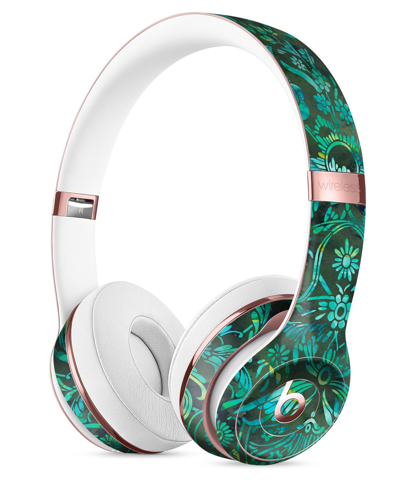 Green Damask Watercolor Pattern Full-Body Skin Kit for Beats by Dre Solo 3 Wireless Headphones, showcasing a stylish design.