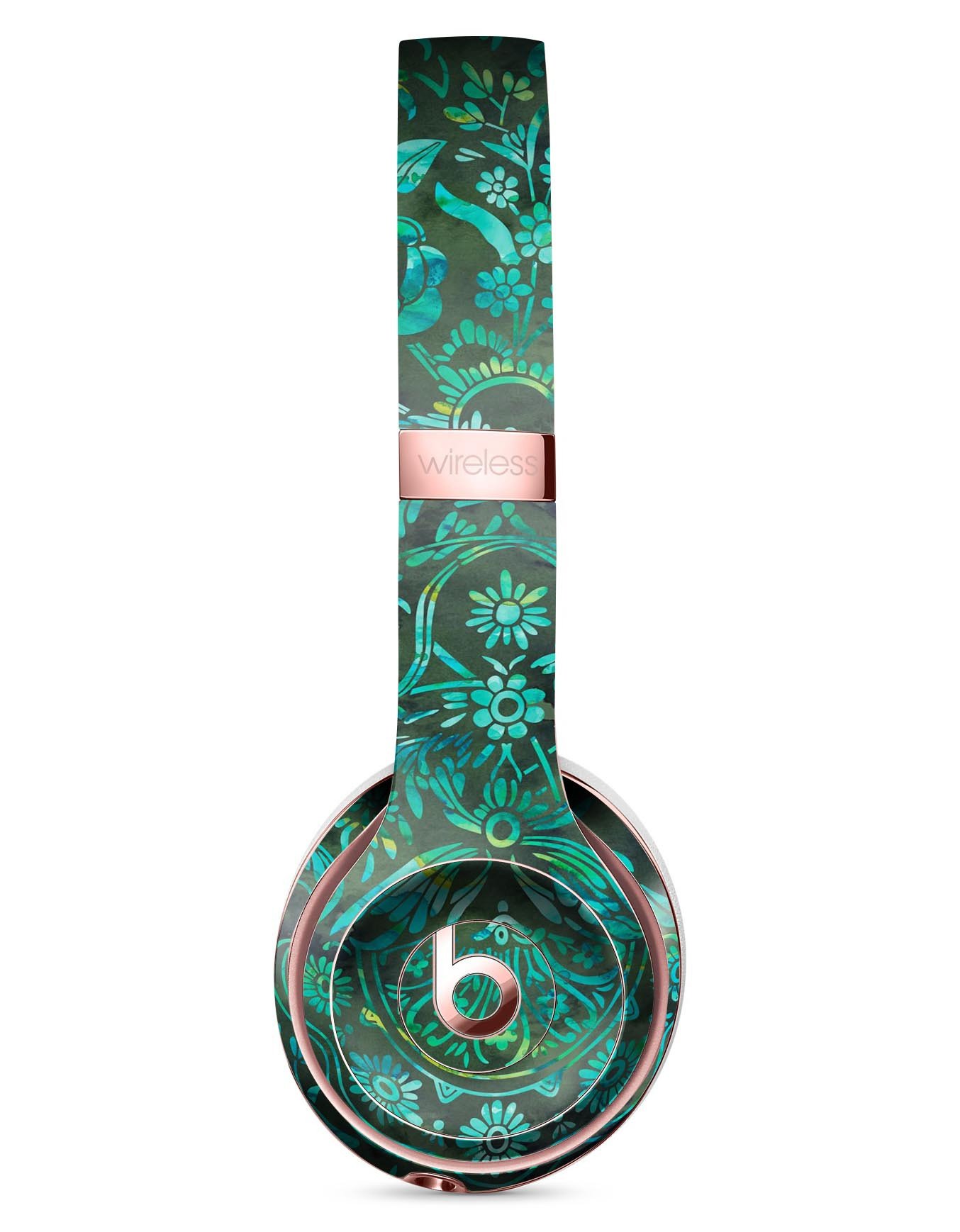 Green Damask Watercolor Pattern Full-Body Skin Kit for Beats by Dre Solo 3 Wireless Headphones, showcasing a stylish design.