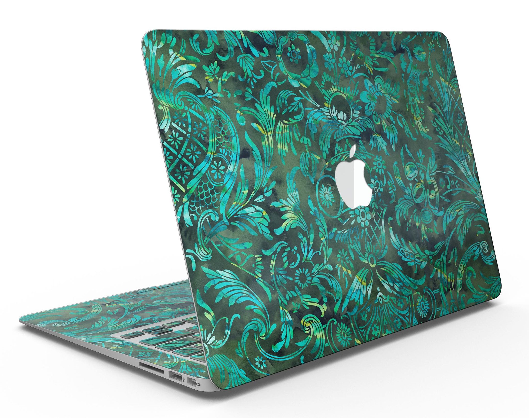 Green Damask Watercolor Pattern MacBook Air Skin Kit showcasing a vibrant and elegant design, perfect for personalizing your device.