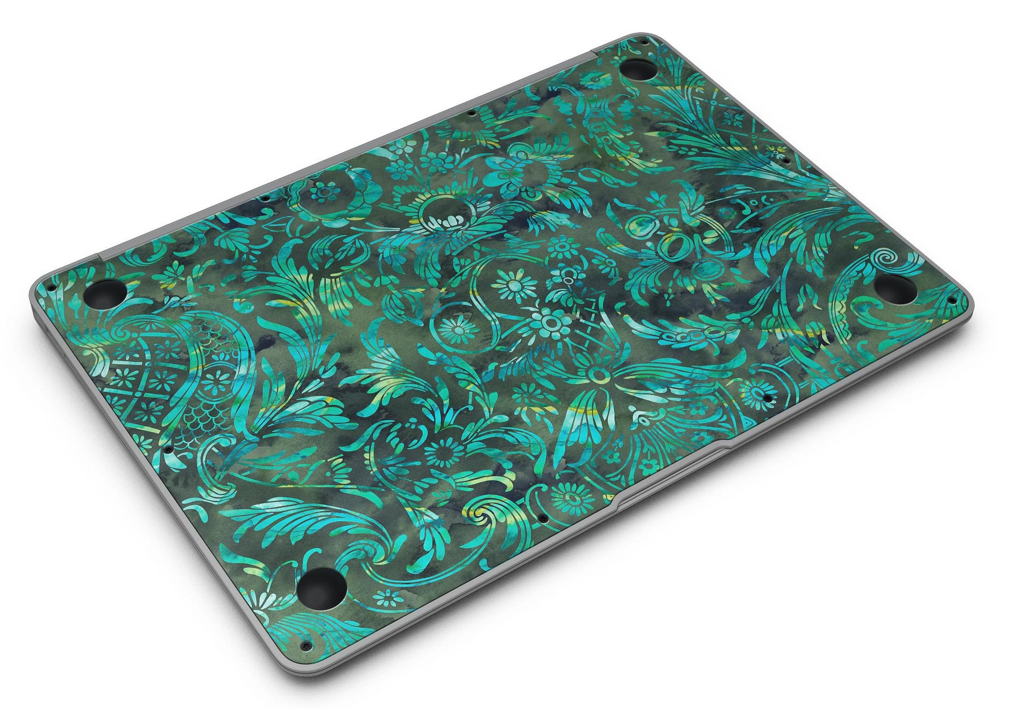 Green Damask Watercolor Pattern MacBook Air Skin Kit showcasing a vibrant and elegant design, perfect for personalizing your device.