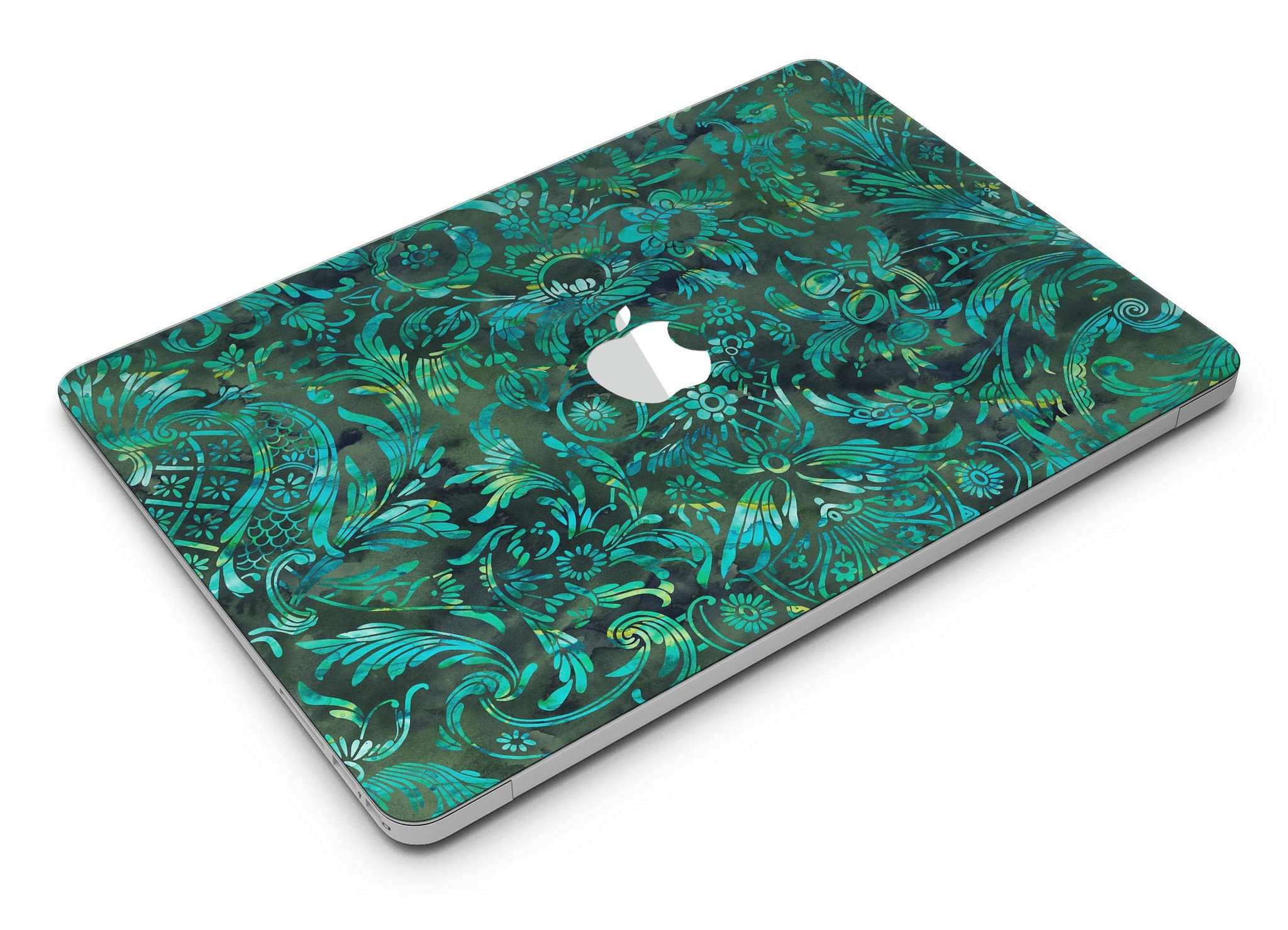 Green Damask Watercolor Pattern MacBook Air Skin Kit showcasing a vibrant and elegant design, perfect for personalizing your device.